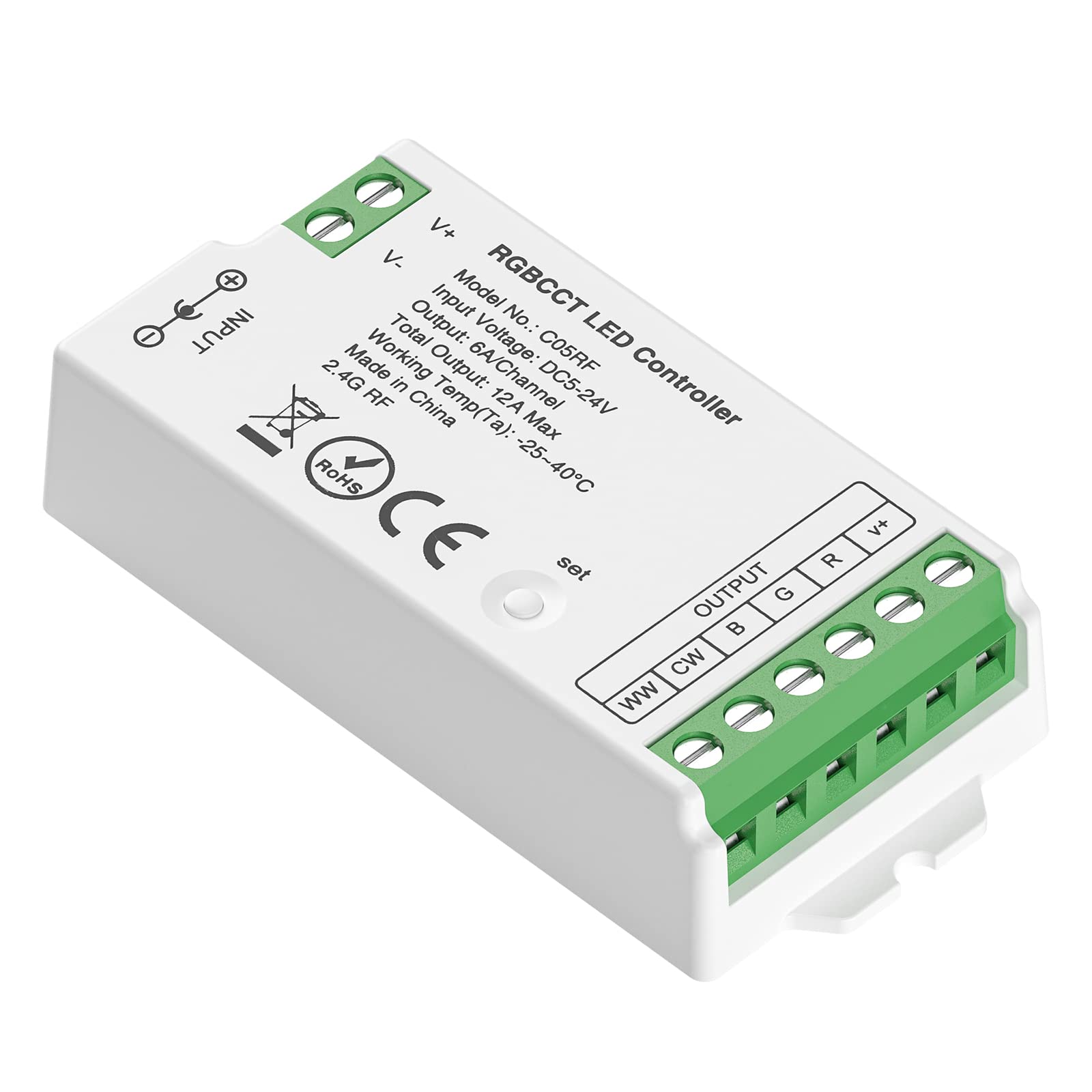 BTF-LIGHTING C05RF LED Controller RGBCCT 6pin for 5050SMD FCOB COB White DC5V/DC12V/DC24V Max 12A