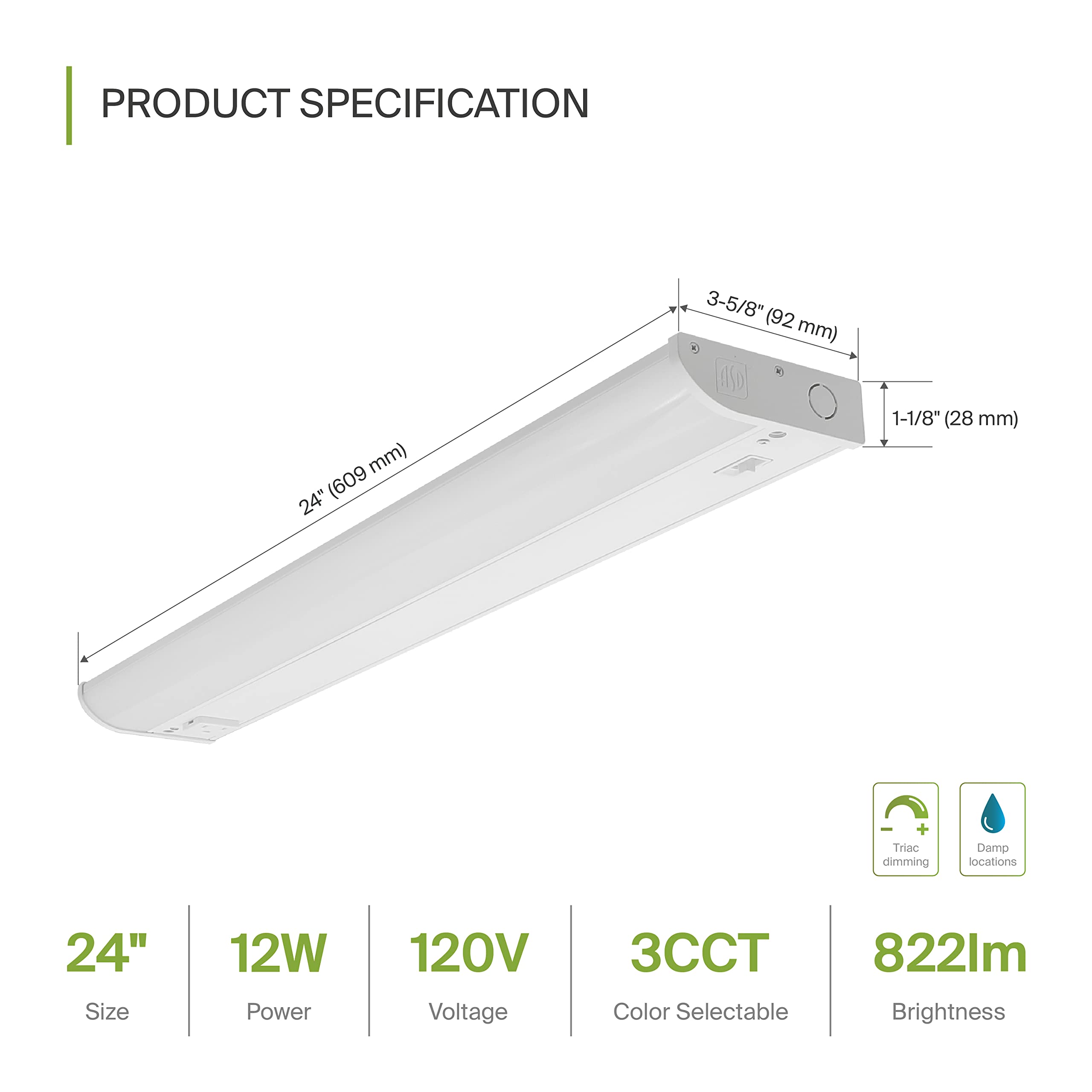 Asd Led Under Cabinet Lighting With 1 Power Outlet, 24 Inch 12W 822 Lm, Hardwired Under Cabinet Lights For Kitchen, 3000K/4000K/
