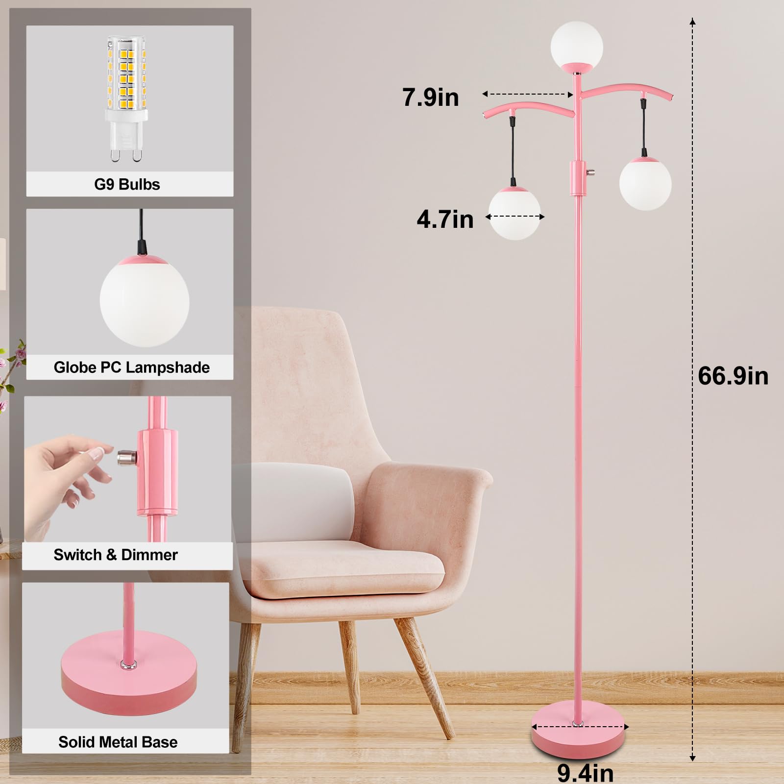Lightdot 67IN Vintage Tree Floor Lamp, Dimmable, Polycarbonate, 3 Globe, Pink, Model LFLL-M-DC
