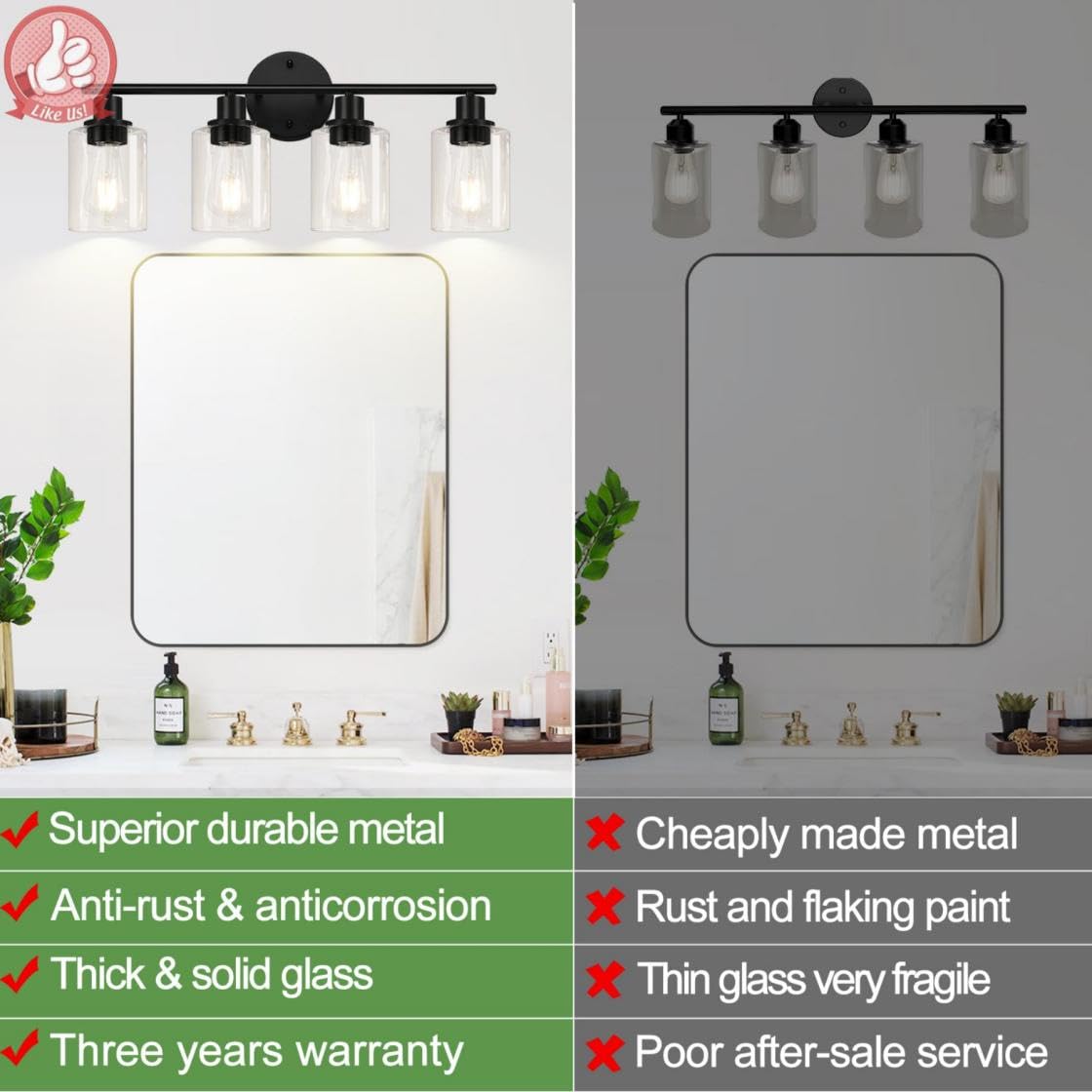 4-Light Bathroom Light Fixtures, Matte Black Modern Vanity Lights Over Mirror With Clear Glass Shade, Bathroom Wall Lamp For Mir
