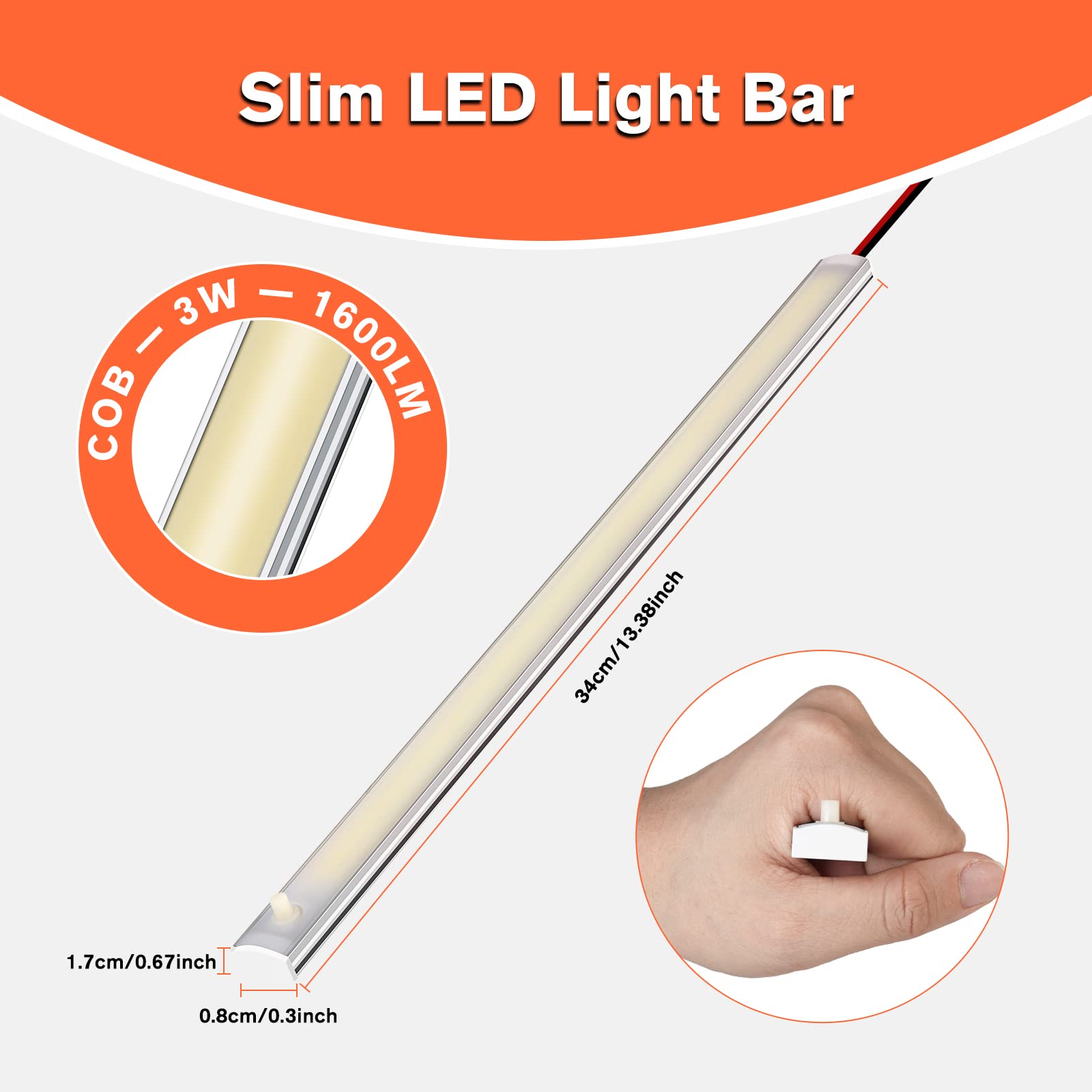 Welluck 12V Interior Led Light Bar, 1600Lm Cob Interior Light Strip W/ Switch For Car, Trailer, Truck Bed, Van, Rv, Cargo, Boat, Cabinet, Slim Enclosed Trailer Lights Fixture, 12 Volt Led Lighting