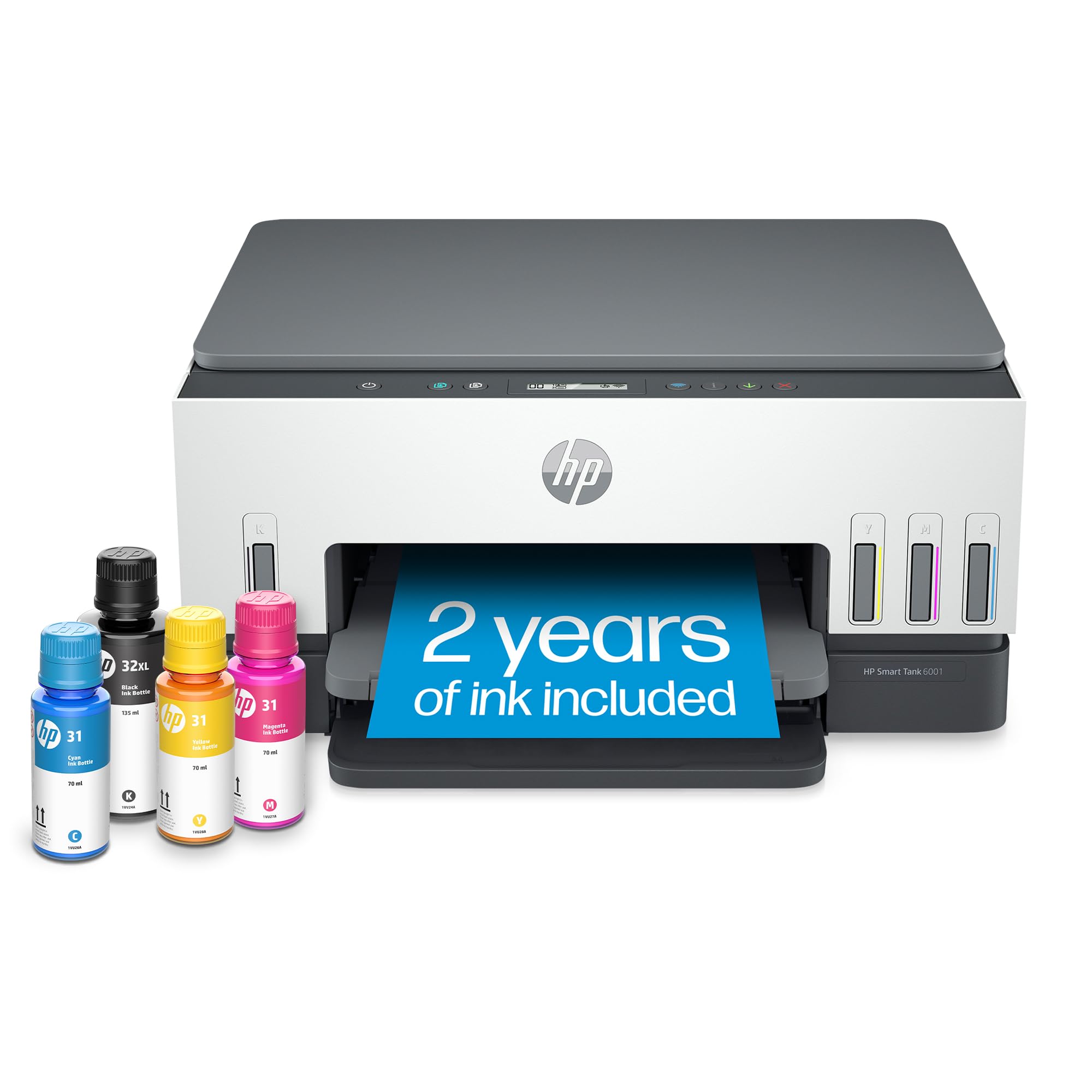 HP Smart -Tank 6001 Wireless Cartridge-Free all in one printer, this ink -tank printer comes with up to 2 years of ink included,