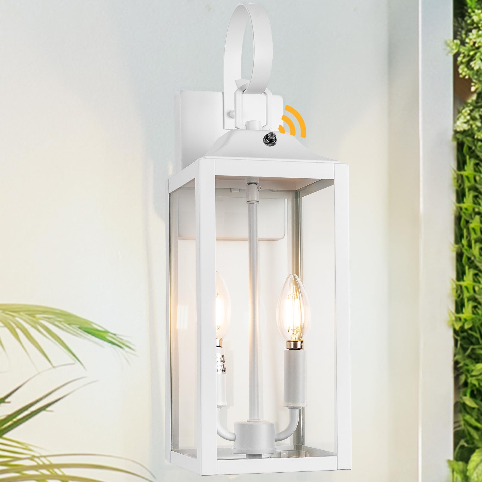 Yolsunes White Dusk to Dawn Outdoor Wall Lantern 2-Light, 19'' Large Outside Modern Wall Sconce Light Fixture, Industrial Porch 