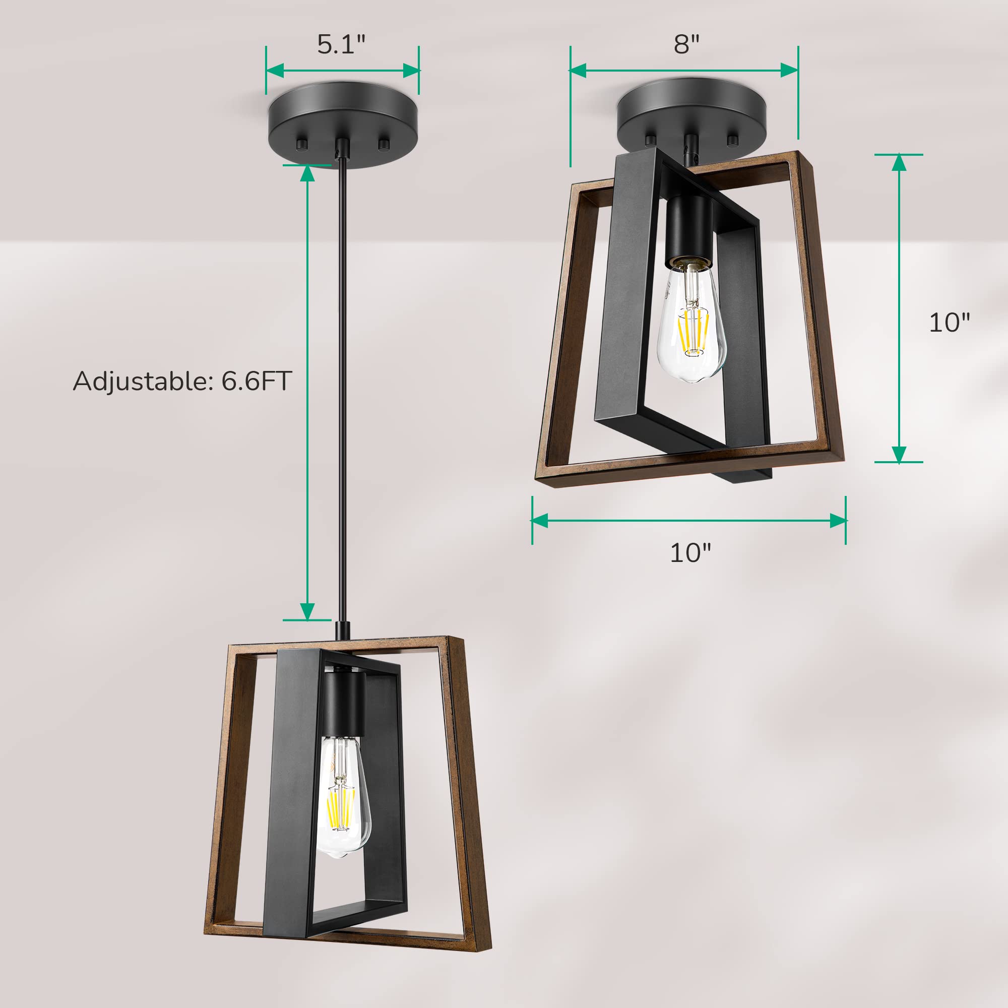 EDISHINE Island Lights for Kitchen, Black Kitchen Island Lighting with Wood Grain Finish, Adjustable Farmhouse Pendant Lights fo