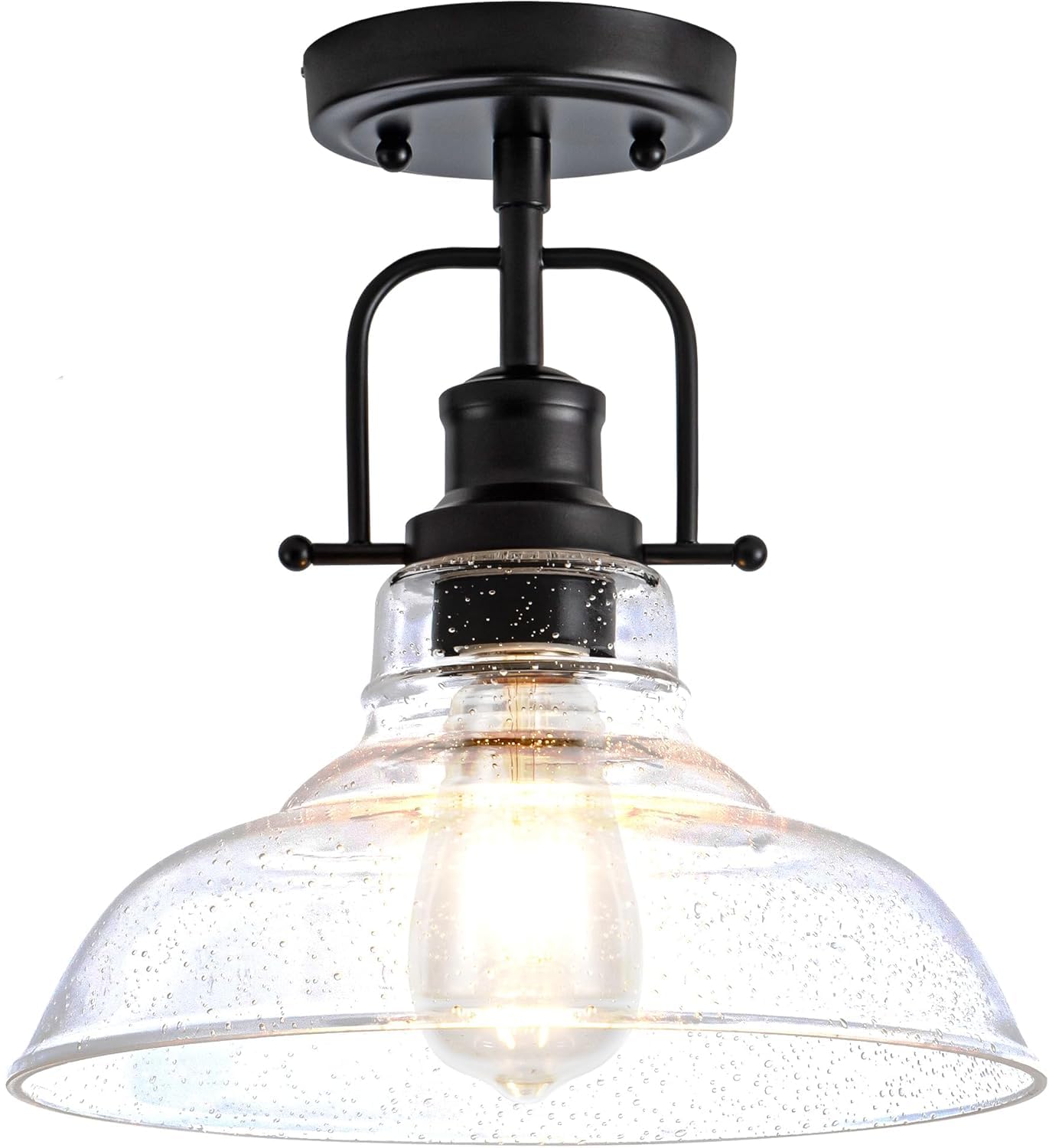 Zlepmlla Flush Mount Ceiling Light Fixture < Bulb Not Included >, Black Metal Frame Ceiling Light Fixture With Seeded Glass, Farmhouse Light Fixture For Kitchen Island Entryway Porch Foyer