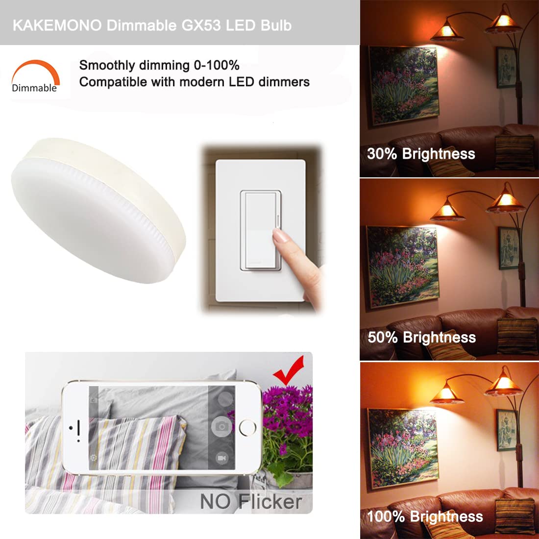 Kakemono Dimmable Gx53 Led Light Bulb 7W, Warm White 2700K, 50W Halogen Replacement For 120V Under Cabinet, Ceiling Lighting, Pa