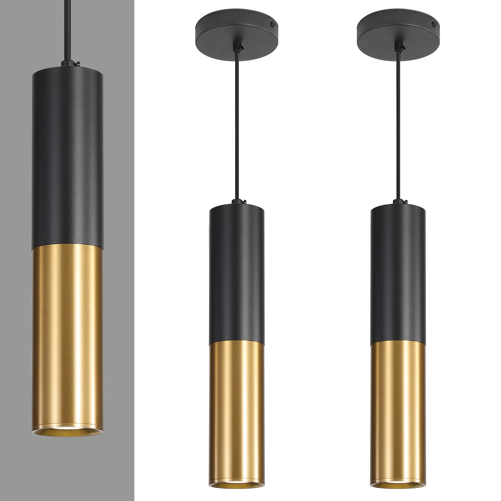 Daoseolo 2 Pack Modern Black and Gold LED Pendant Lights  Minimalist Linear Hanging Light  3 Color 2700K/4500K/6500K  Ceiling Mount Pendant Lamp for Kitchen Island  Dining Room  Bedroom  Bar  Cafe