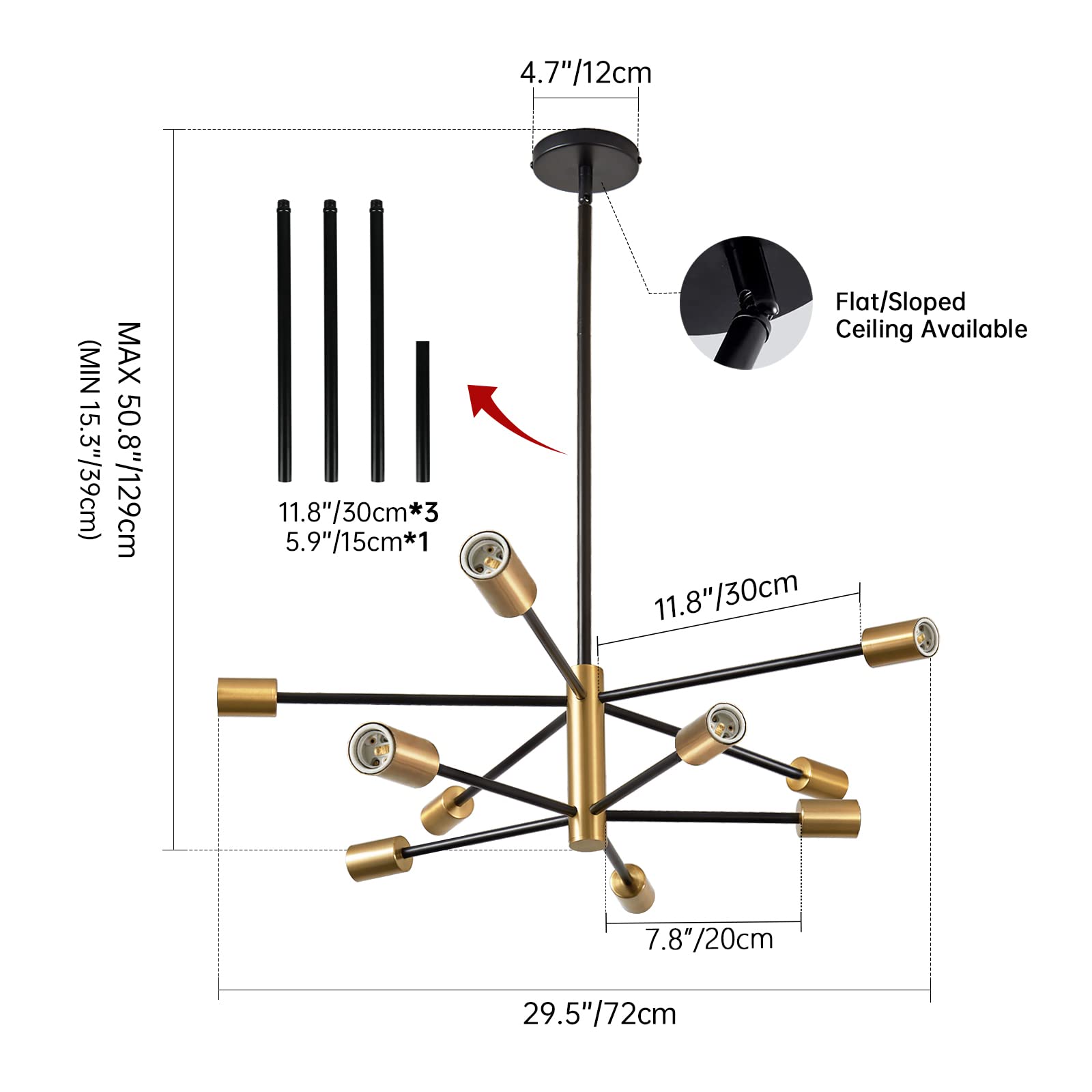 RUIYEY 10-Light Sputnik Chandelier, Modern Black and Gold Metal Ceiling Light Fixture for Kitchen Island, Living Room, Dining Room