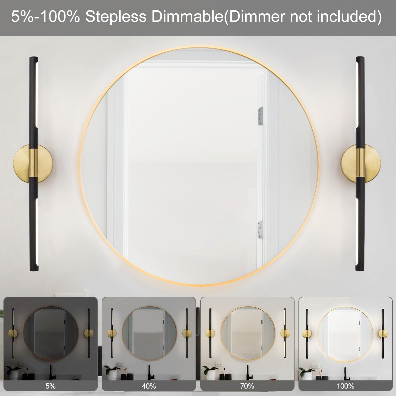 Linseeds Modern Bathroom Light Fixtures Over Mirror 24 Inch, 18W 360° Rotatable Dimmable 4000K Led Vanity Light Bar, Black And Gold Bathroom Vanity Lights Above Mirror, Led Bathroom Lighting