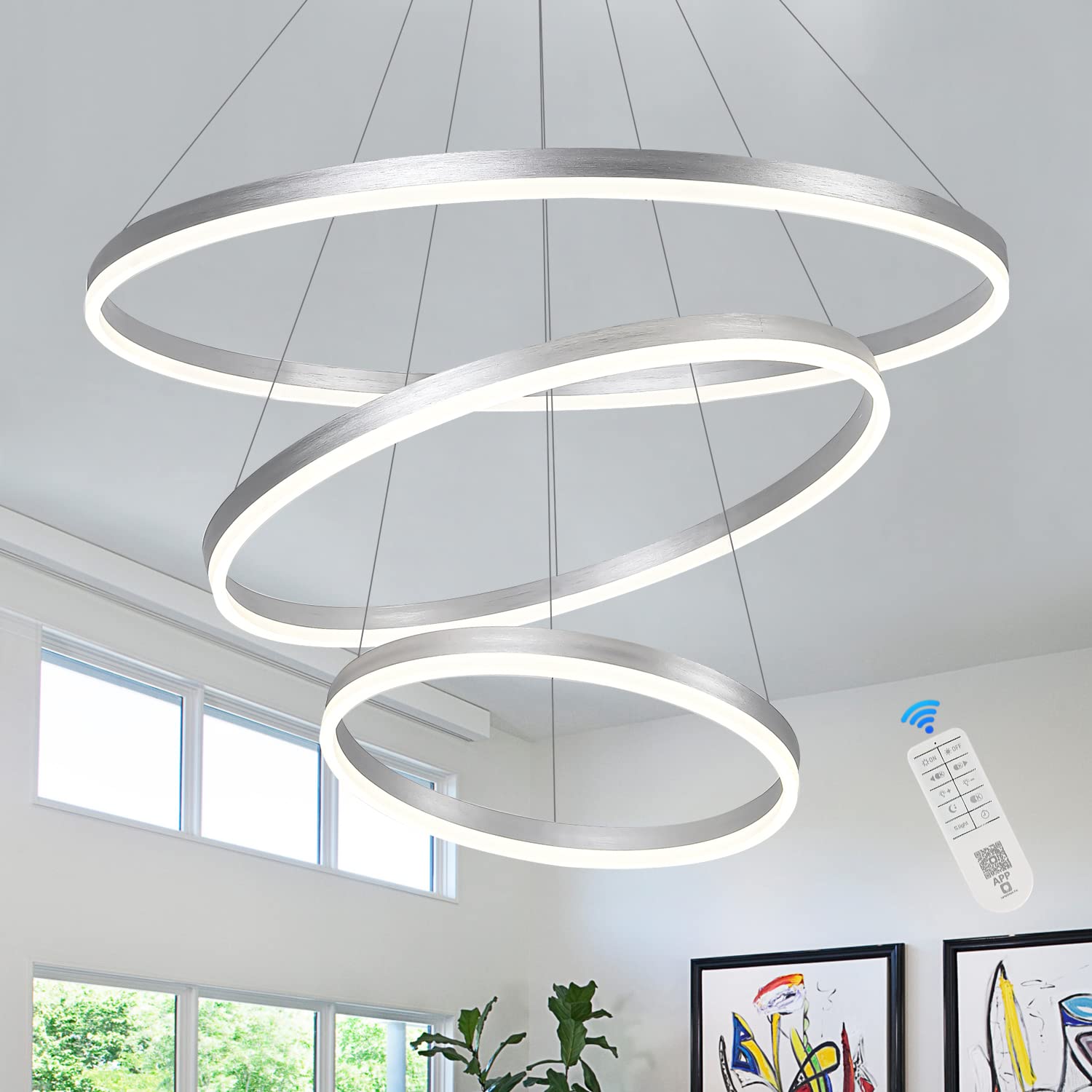 Xgzl · Lighting 3-Rings D31.5’’ Modern Led Chandelier Silver, Dimmable Pendant Lighting With Remote Control Circular Flush Mount High Ceiling Light For Living Dining Room Bedroom Foyer, 3000K-6500K