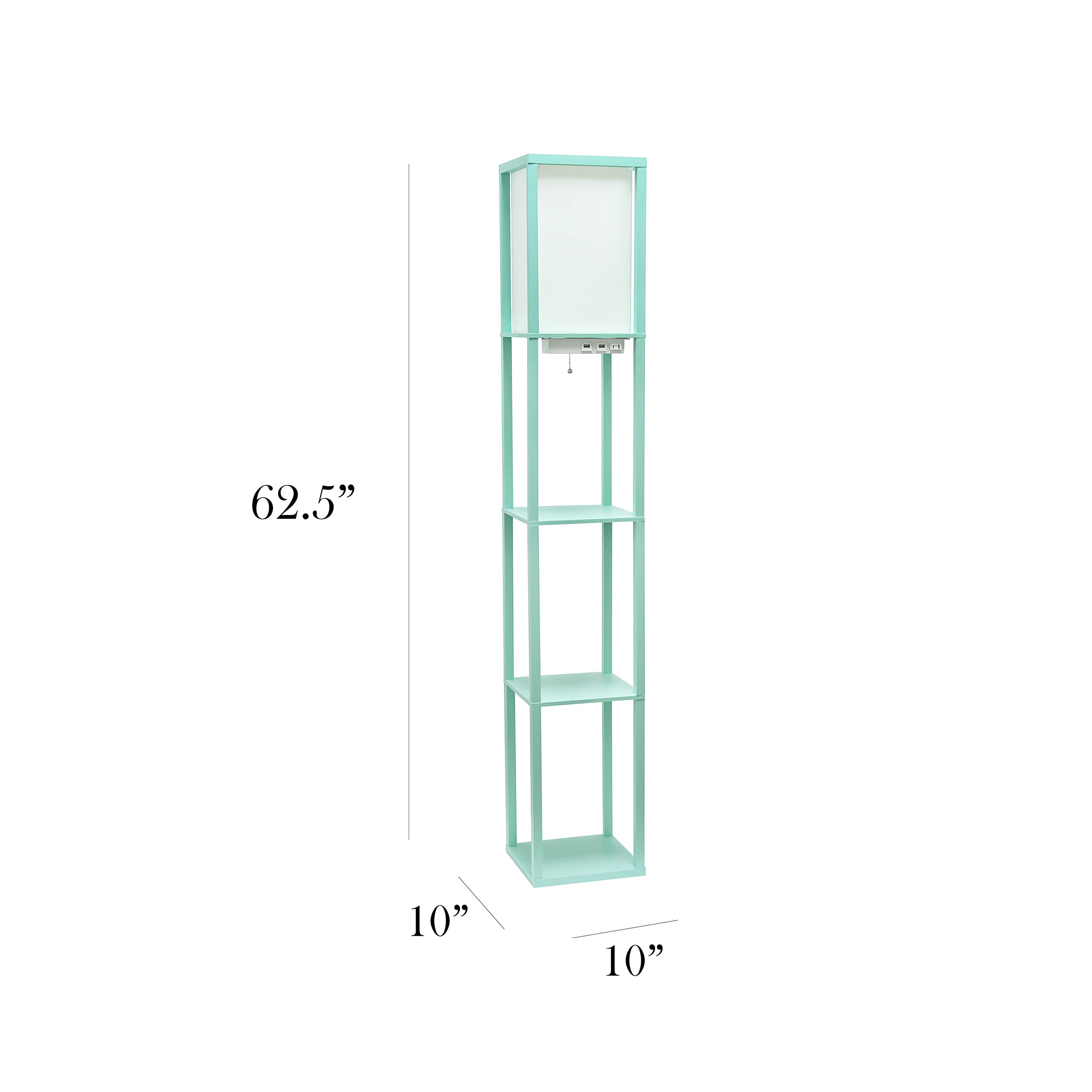 Simple Designs Lf1037-Aqu Floor Lamp Etagere Organizer Storage Shelf With 2 Usb Charging Ports, 1 Charging Outlet And Linen Shade, Aqua