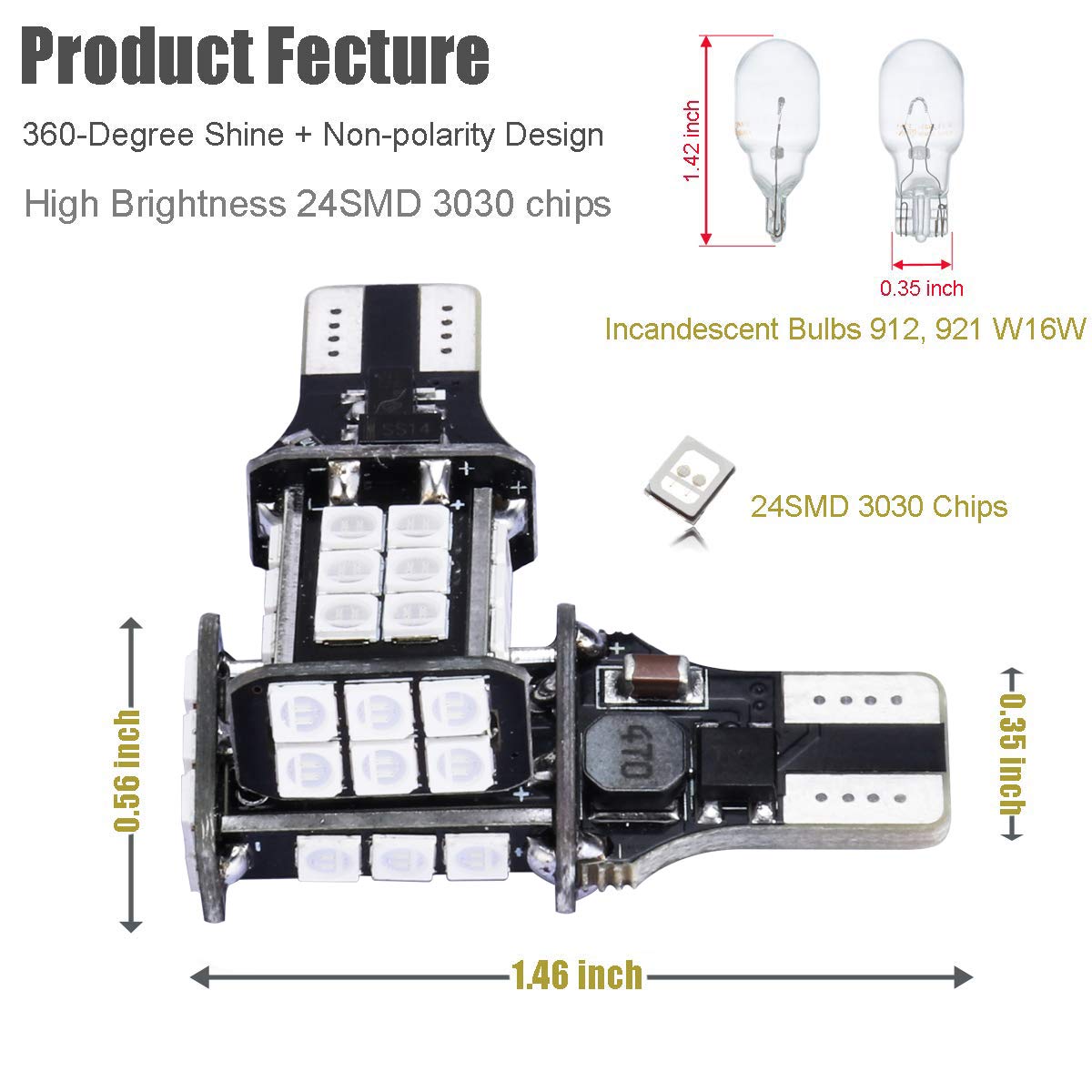 iBrightstar T15 LED Bulbs, 3030 Chipsets, Blue, for Truck Cargo & Brake Lights