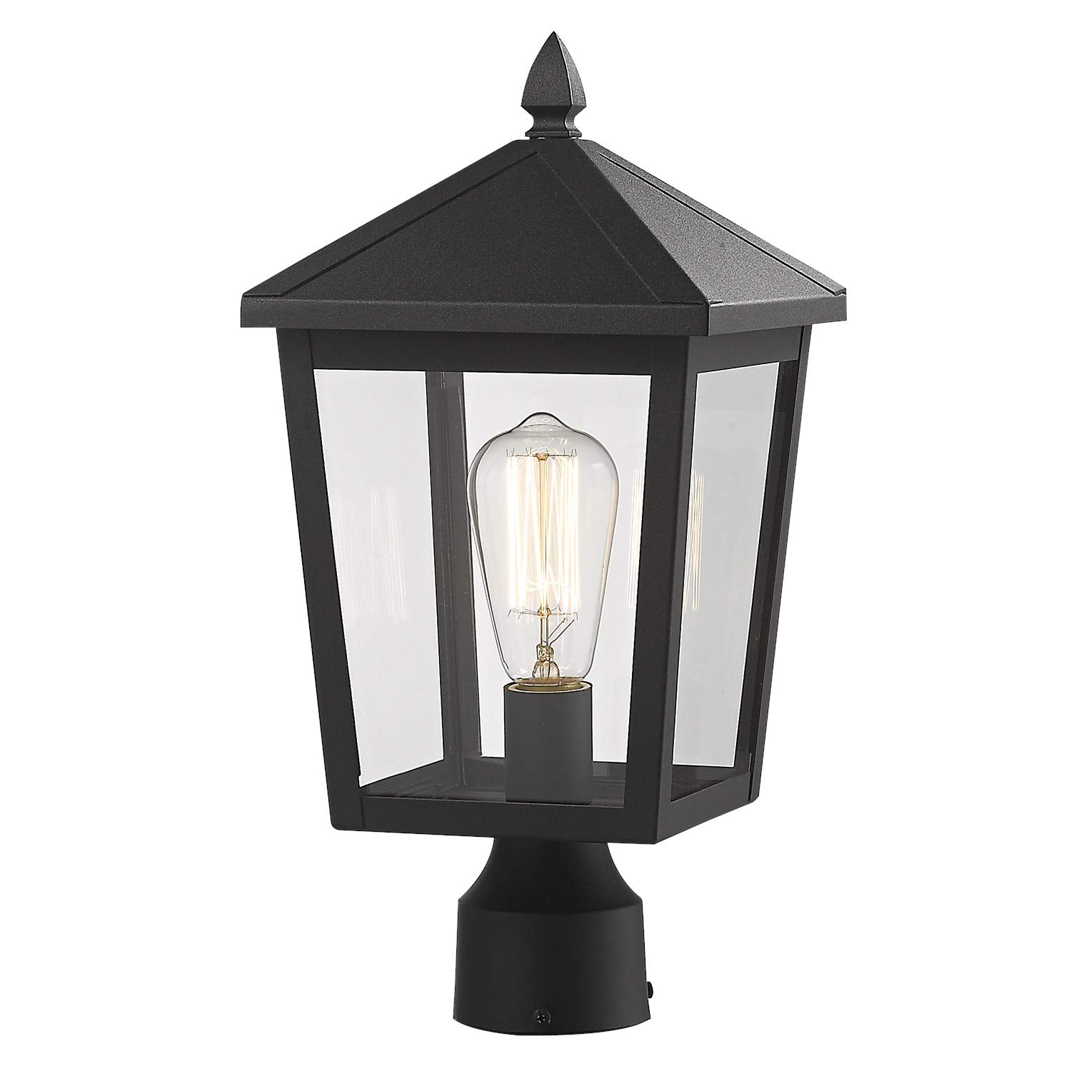 zeyu Outdoor Post Light, 16 Inch Pillar Lantern, Metal, Black Finish, Clear Glass Shade, Large Size, Model 20076P