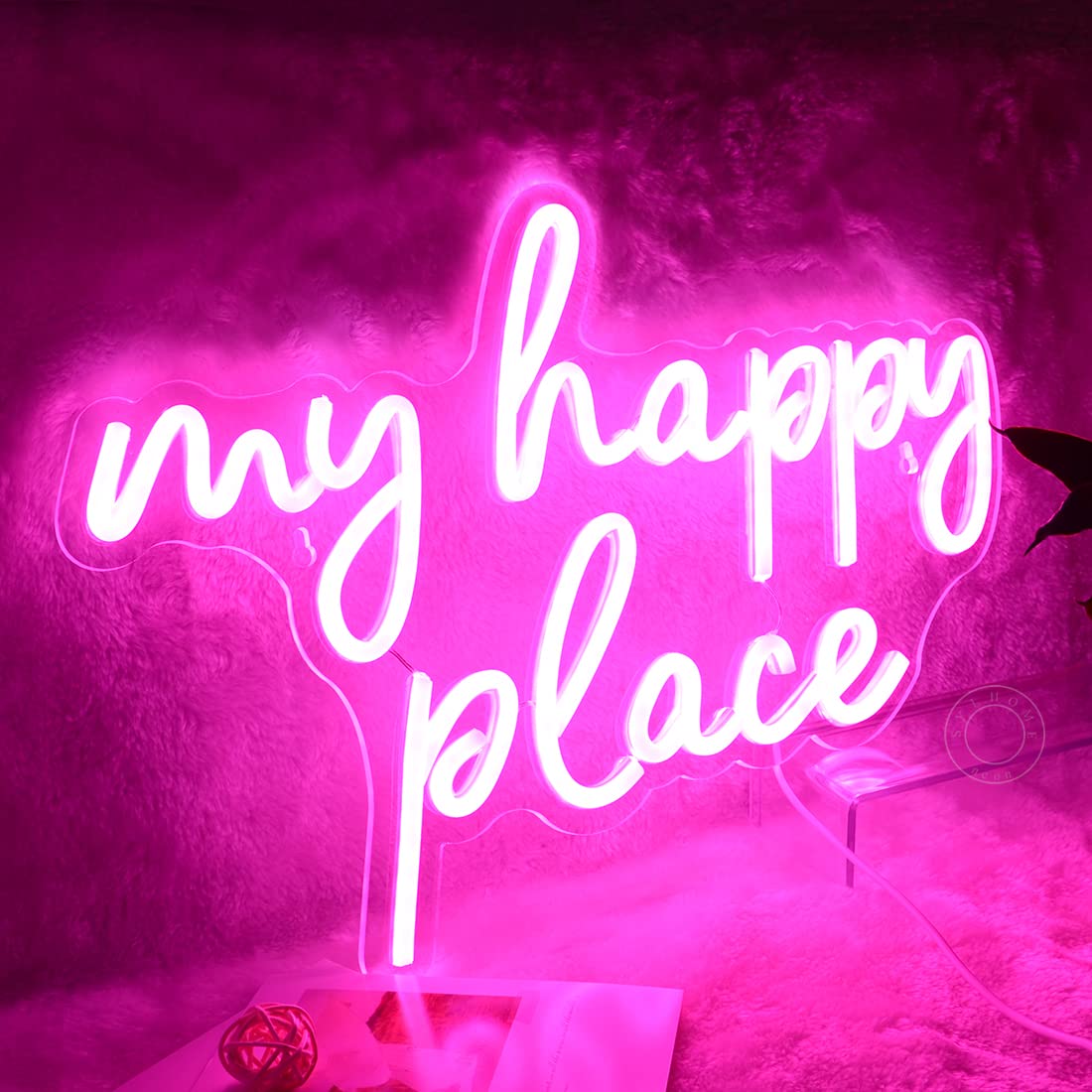 SYLHOME LED Neon Light Sign, Pink My Happy Place, 15.8in x 11.2in, Acrylic, Model NS-ZF5V-AMZ-myhappyplace-P