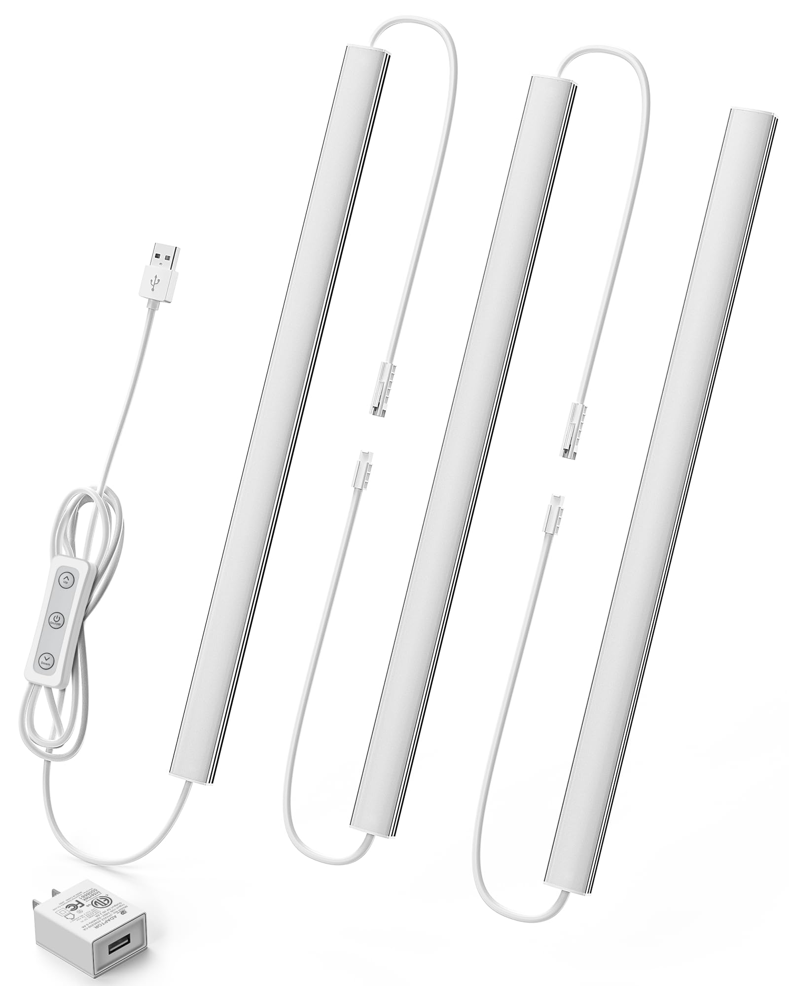 Vovamo Under Cabinet Lighting Plug-in, Dimmable Under Counter Lights for Kitchen, 3pcs 12 Inch, Cold White 6000K Linkable USB Le