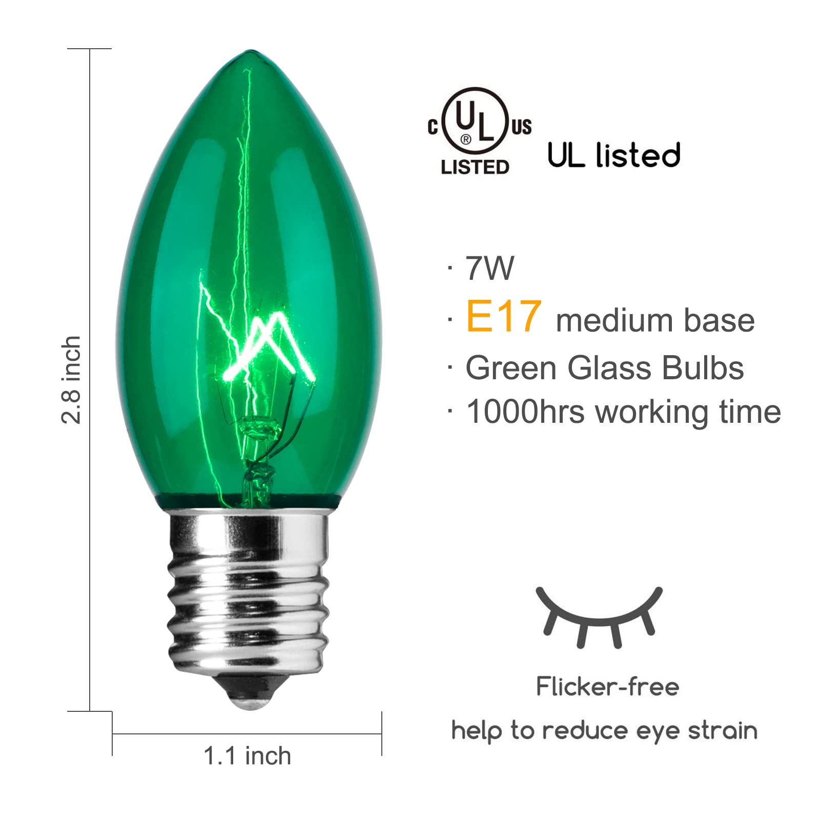 25 Pack C9 Incandescent Bulb Green, C9 Christmas Replacement Light Bulb For Christmas String Light, E17 Intermediate Base, 7 Wat