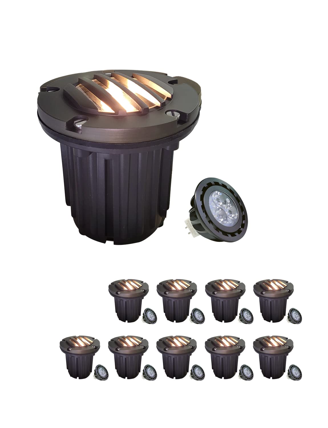 MALORY Brass Top Cover Landscape Well Lights  12V Low Voltage Outdoor In Ground Lights Landscape Lighting for Pathway  Driveway and Garden (Open Top  10-Pack with Bulb)