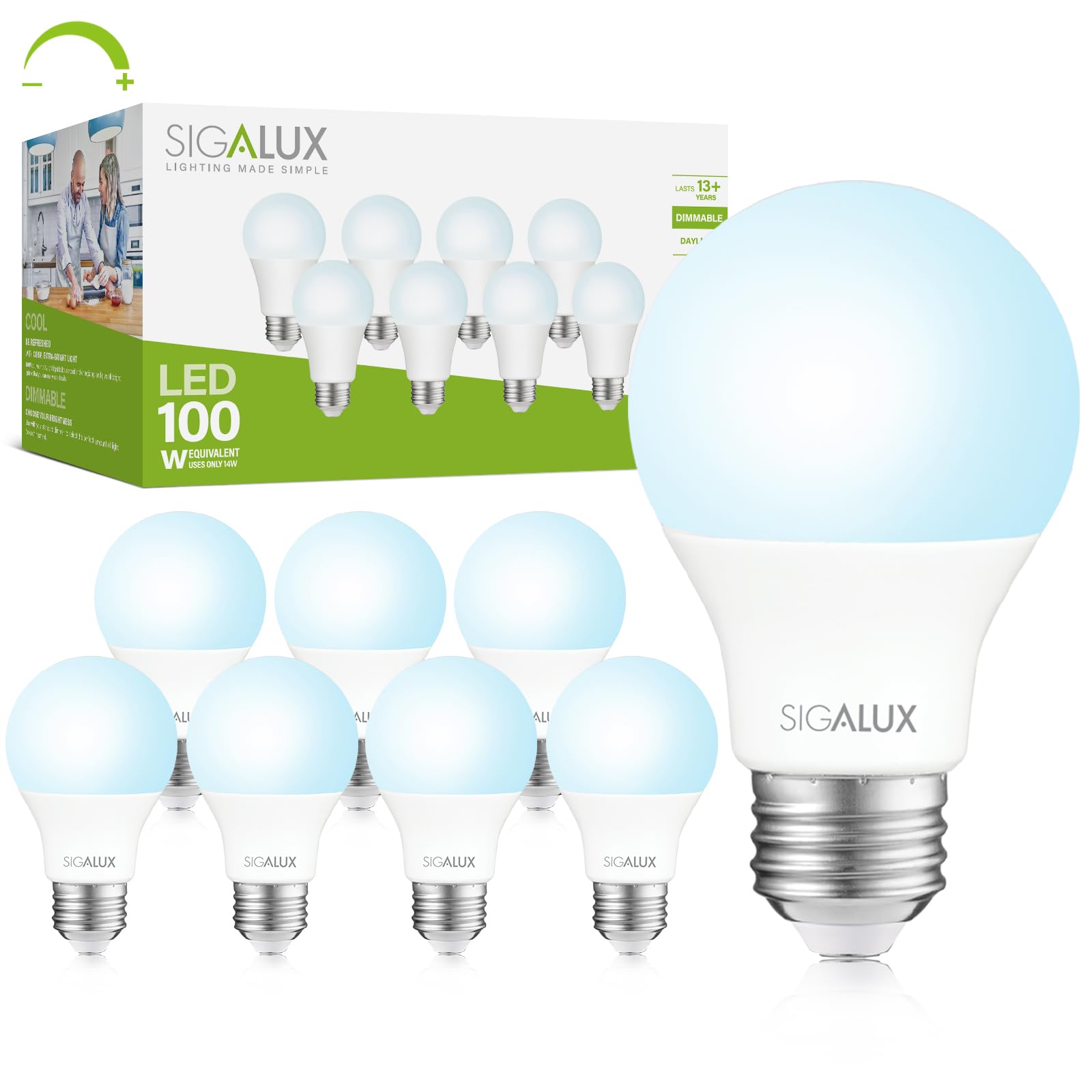 Sigalux A19 Daylight Standard Led Bulbs 100 Watt Equivalent,Dimmable 5000K White Light Bulbs,14W Energy Efficient E26 Medium Bas