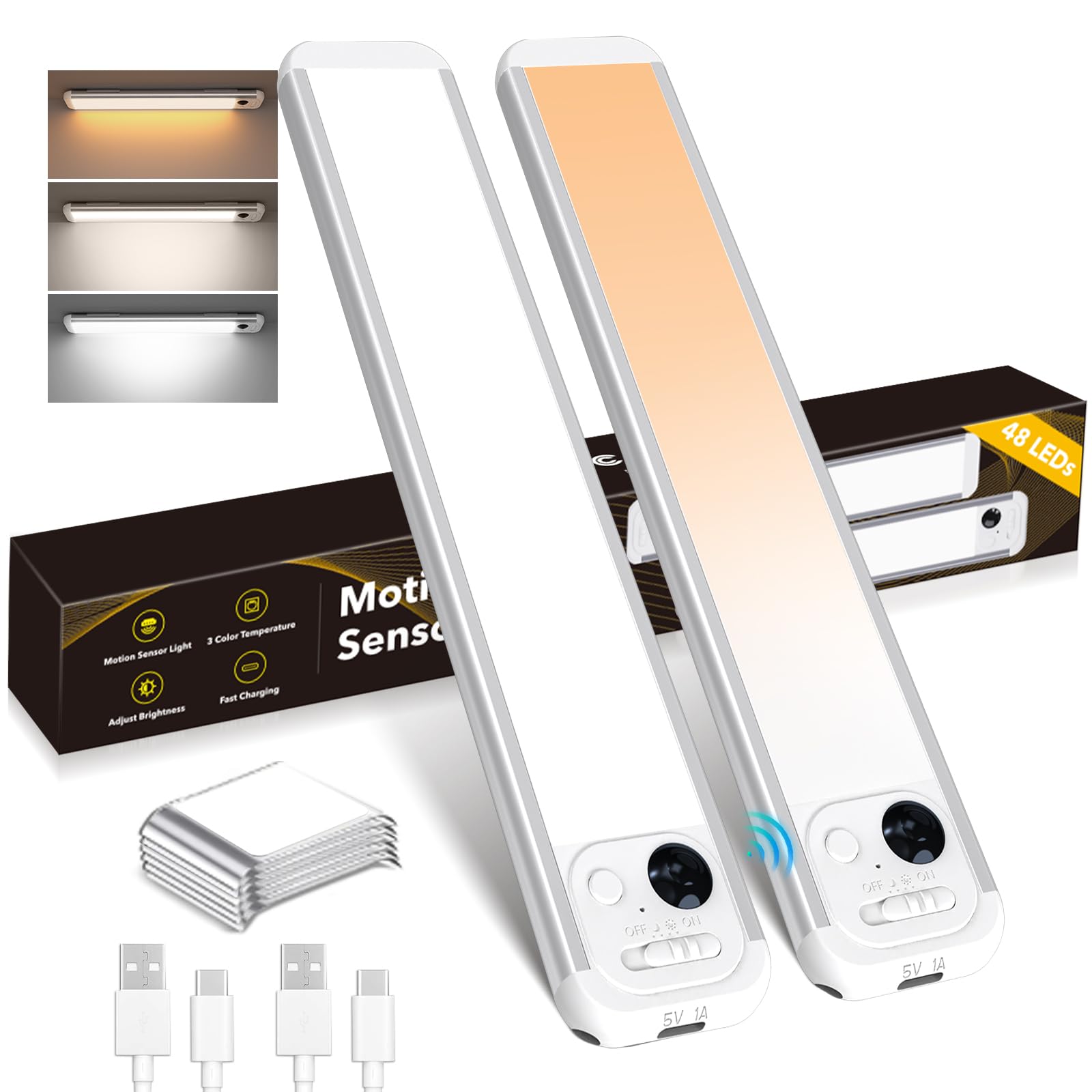 Ruikoring Under Cabinet Lighting  3 Colors  Motion Sensor Light Indoor  Led Rechargeable Closet Lights Battery Operated  Dimmable Night  Stick-On Magnetic Cabinet Lights For Kitchen Stairs Hallway
