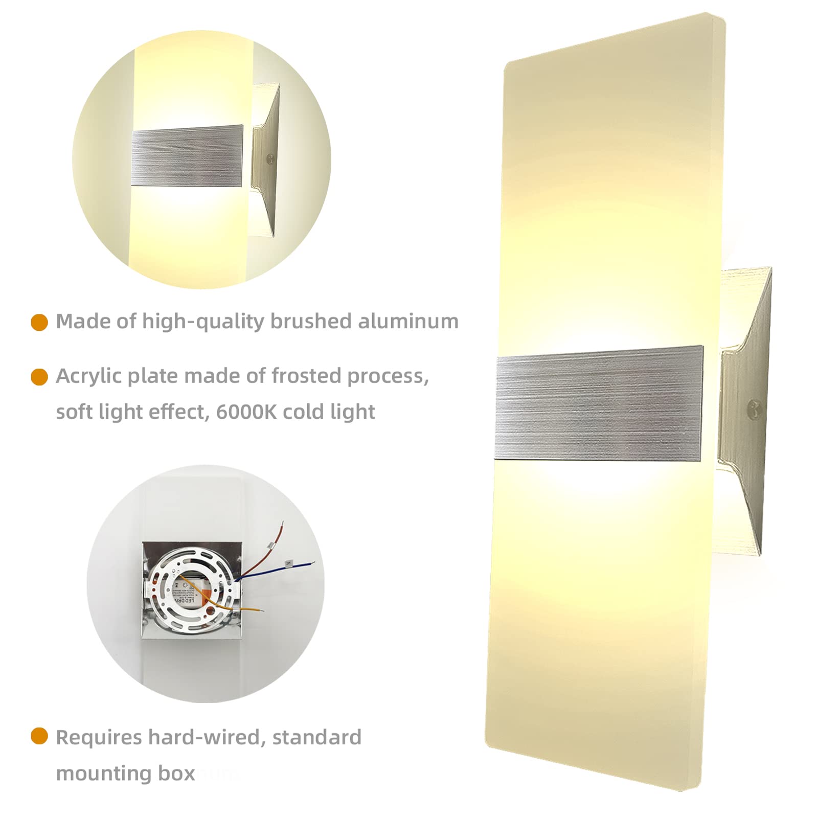 KICAAO Modern Wall Sconces, LED Up Downlight, Acrylic, 10W, Warm White 2700K, Model MD-MI-008, 4-Pack