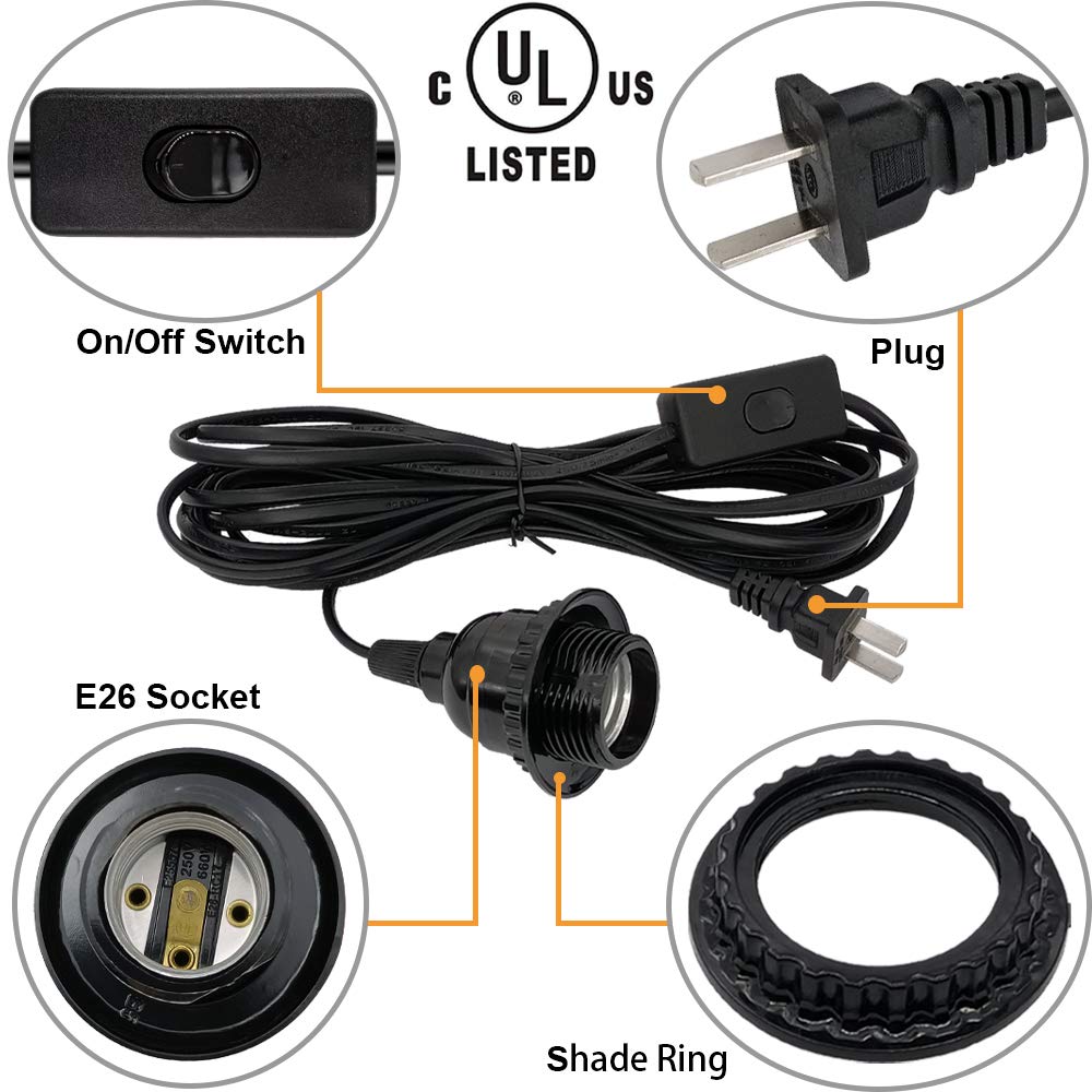 OmiSun Plug in Hanging Light Kit, Industrial Pendant Fixture, E26/E27, 19.69 FT Cord, Black, On/Off Switch, Model MKTBA