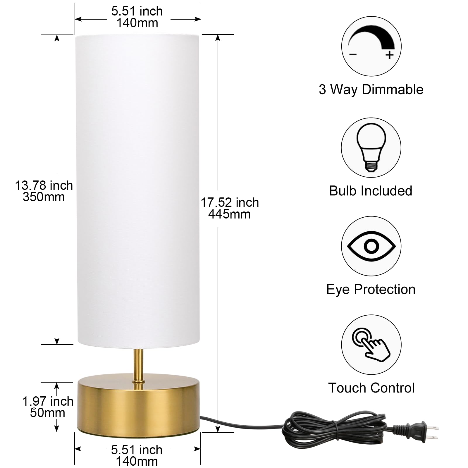 Seaside Village 3-Way Dimmable Touch Control Table Lamp - Metal & Tc Cloth, 5.51X5.51X17.52, White Shade With Gold Base, Led Bul