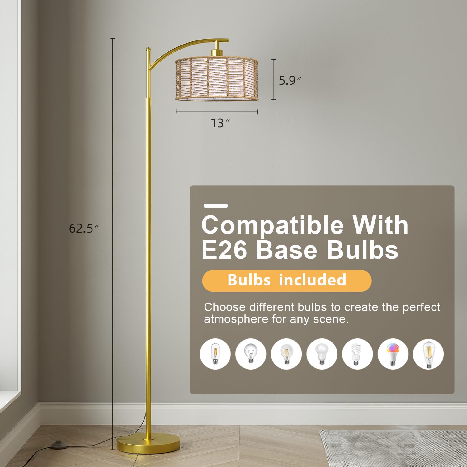 Oneach 62.5'' Gold Arc Floor Lamp For Living Room, Rattan Boho Floor Lamp With Remote And Dimmable Bulb, 3 Color Temperatures, F