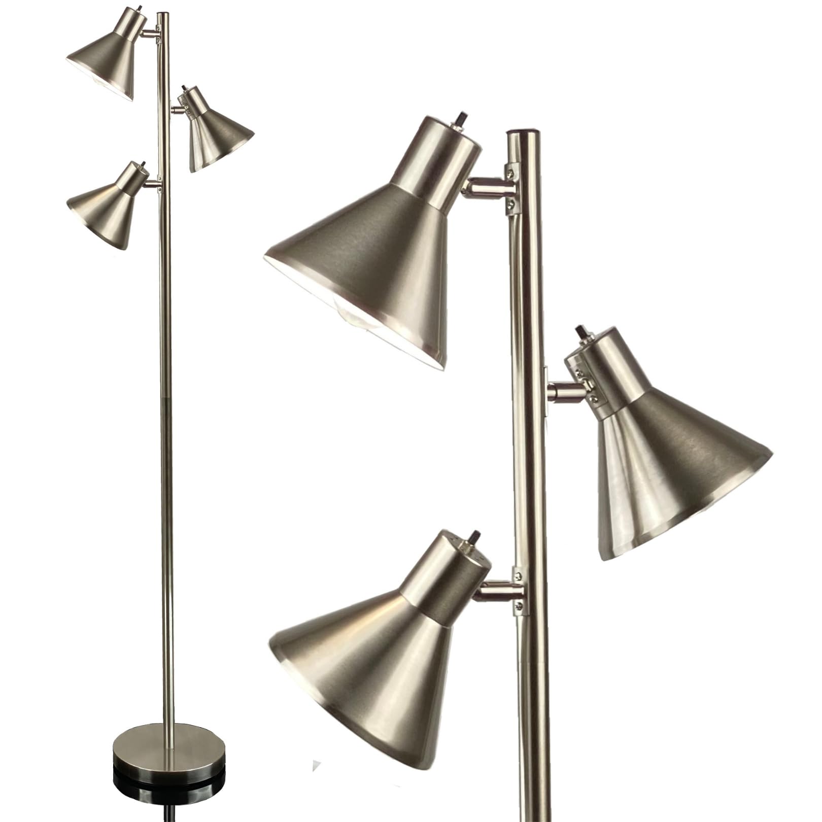 LIGHTACCENTS Tree Floor Lamp, Brushed Nickel - Modern Pole Lamp with 3 Adjustable Reading Lights - 64 inch Stand Lamp for Living