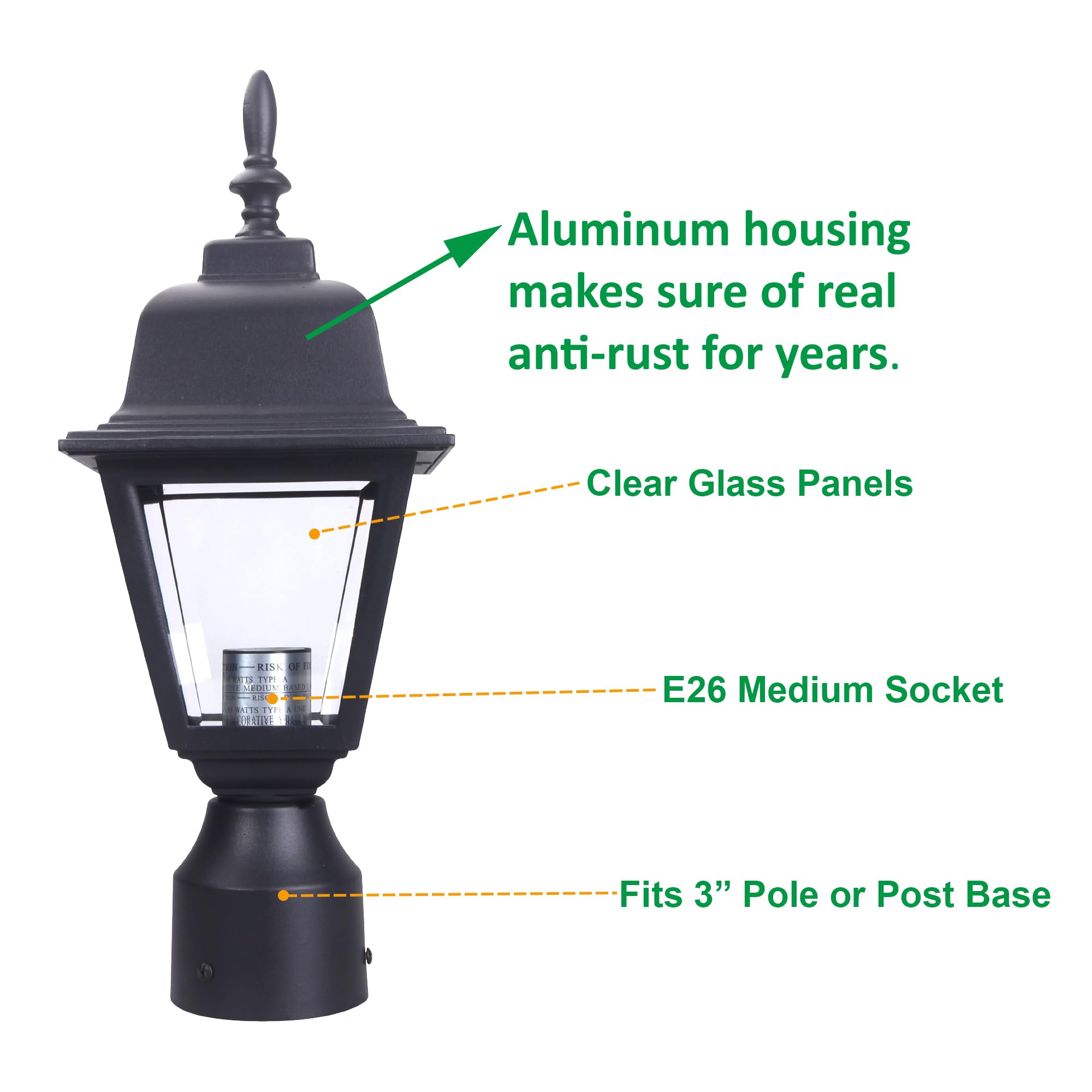 Lit-Path Outdoor Post Lantern, Aluminum, E26 Max 60W, Matte Black, 1-Pack, Model Lt-Pl003