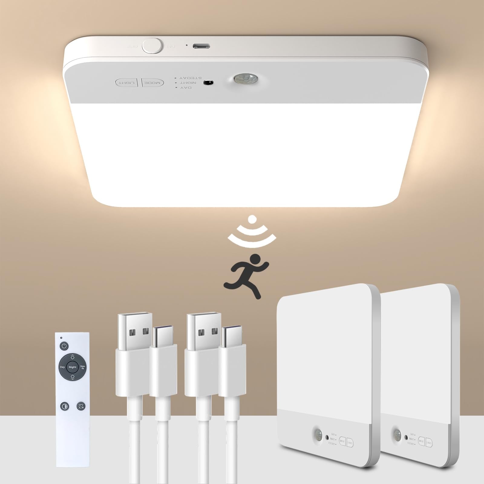 NARUNDREN 2Pack Motion Sensor Rechargeable Ceiling Light with Remote, Cordless Closet Light Battery Operated, 3 Colors Motion Ac