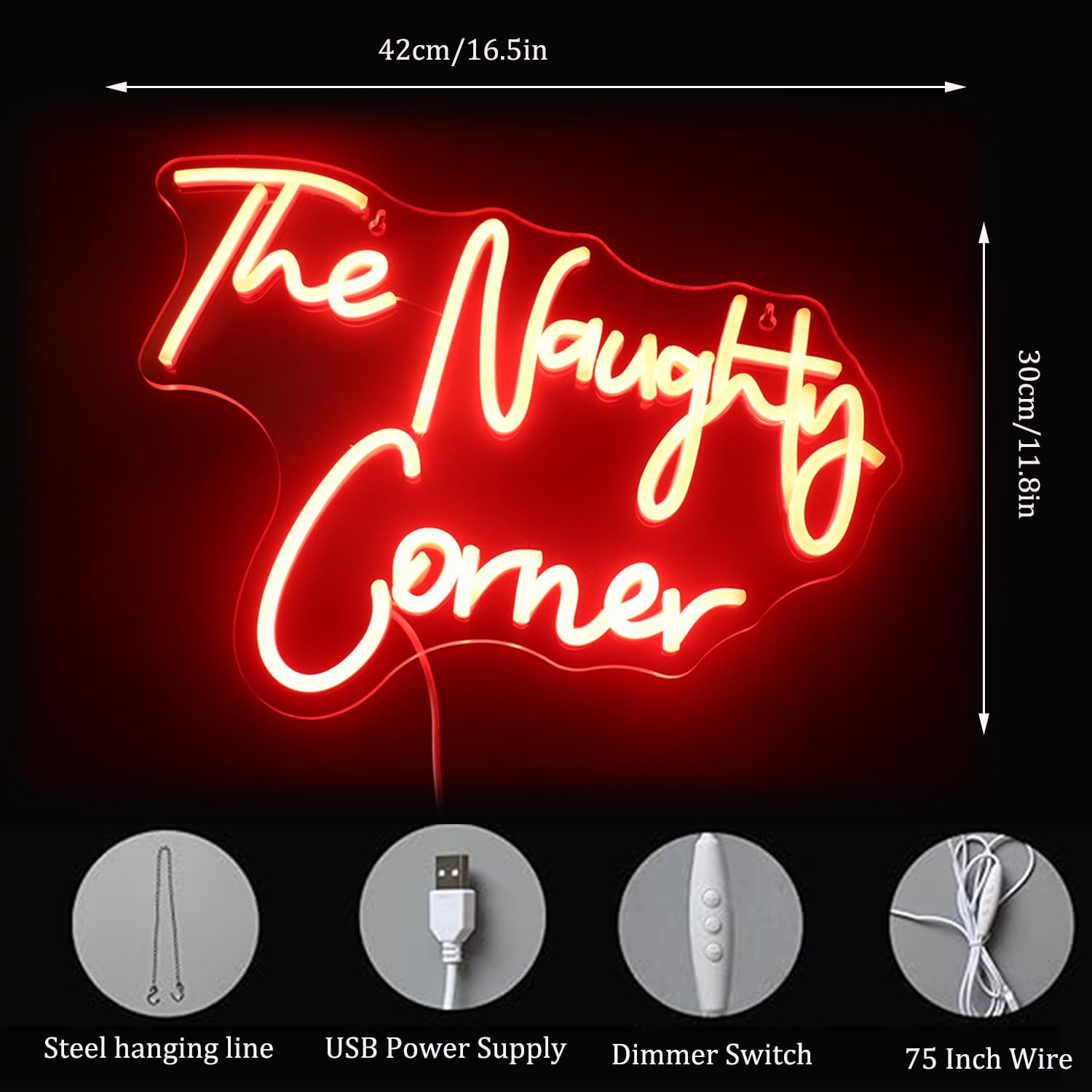 Qiaofei Led The Naughty Corner Neon Sign Word/Letters Usb Powered Neon Lights For Girls Room Home Bar Art Wall Decor Party Window Living Room Decor Birthday Christmas Gift(Red)