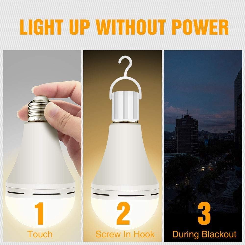garageangle Emergency LED Light Bulb, 15W Rechargeable, 150W Equivalent, E26 Base, White, 2-Pack