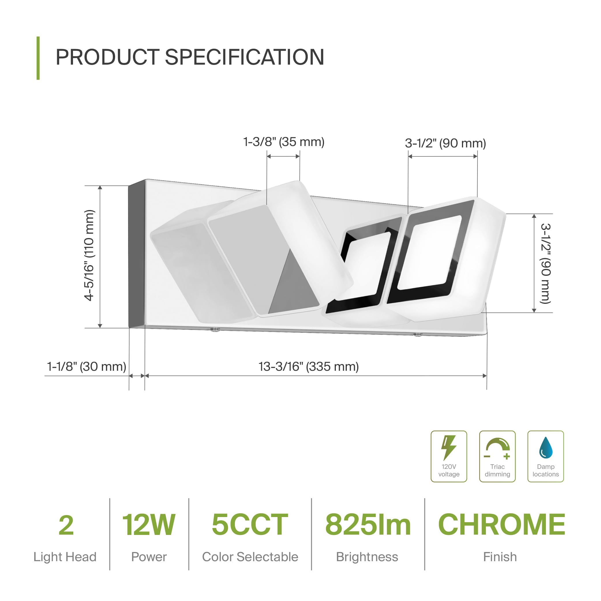 ASD LED Bathroom Vanity Light Fixture, 2-Light, Dimmable, 2700-6000K, Chrome, Model A-LVF25M-2D12CH-4p,