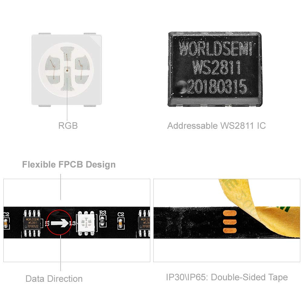 Btf-Lighting Ws2811 Ic=Rgb+Ic Addressable Dream Color Led Strip 16.4Ft 30Leds/M 10Pixels/M Non-Waterproof Black Pcb Flexible Dc1