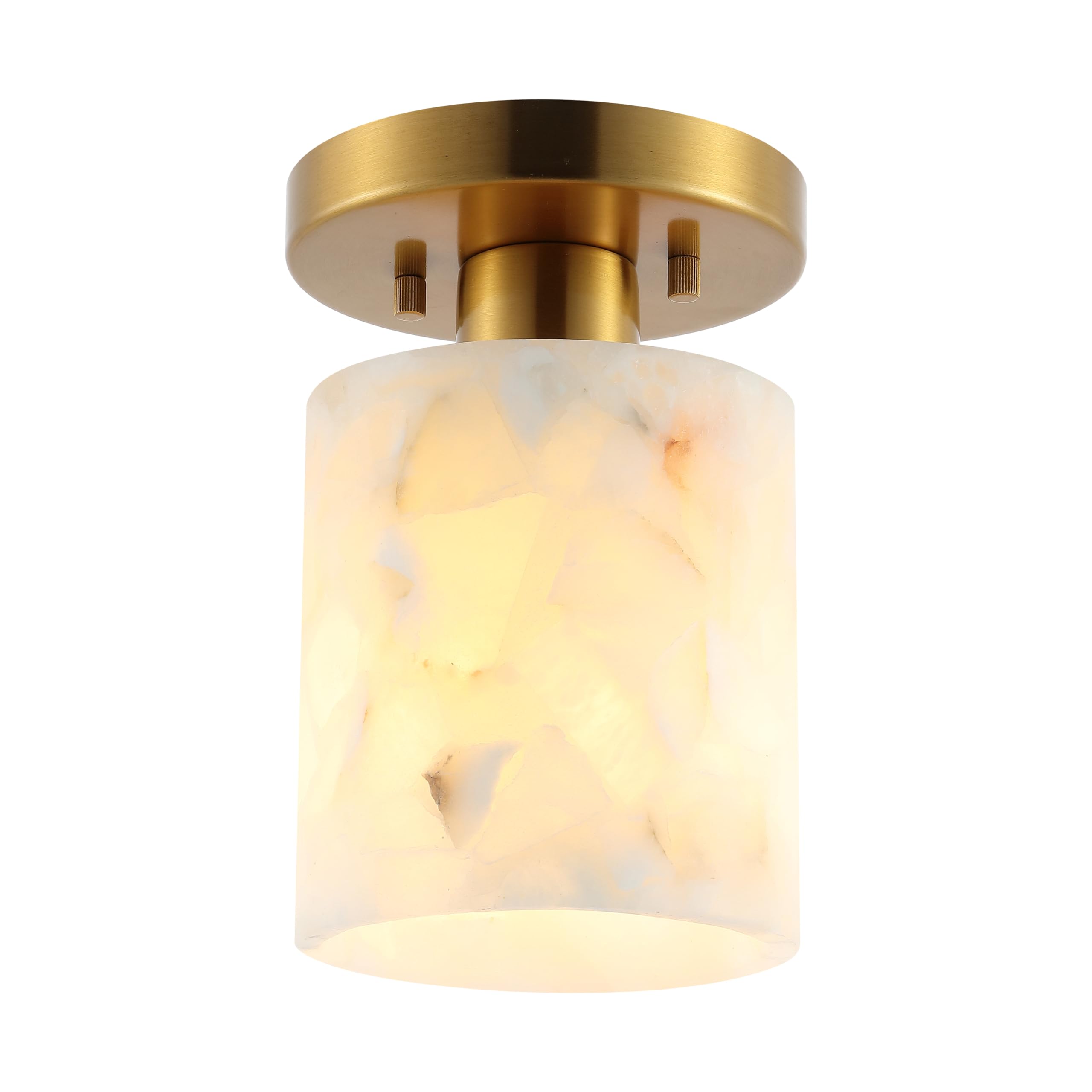 JONATHAN Y 5.13 Brass Gold Modern LED Semi Flush Mount Ceiling Light, White Marbled Alabaster Cylinder Shade, Minimalist Fixture