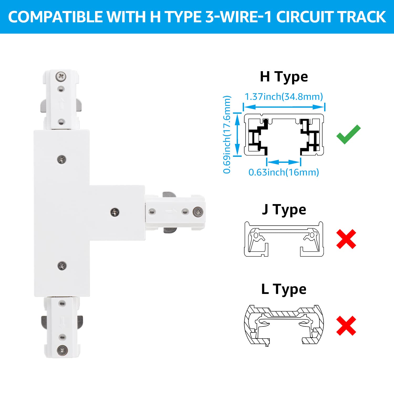LEONLITE H Track T Connector, Single Circuit 3-Wire, UL Listed, Polycarbonate, White, Model 88890