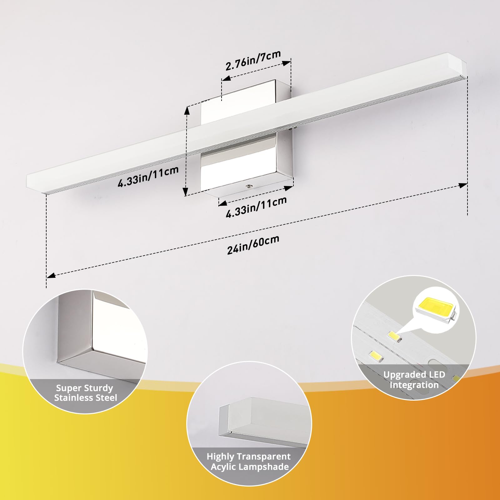 Combuh LED Bathroom Vanity Light Bar, 24Inch, 14W, IP44, Chrome, Bright White 4000K, Modern Indoor Wall Sconce