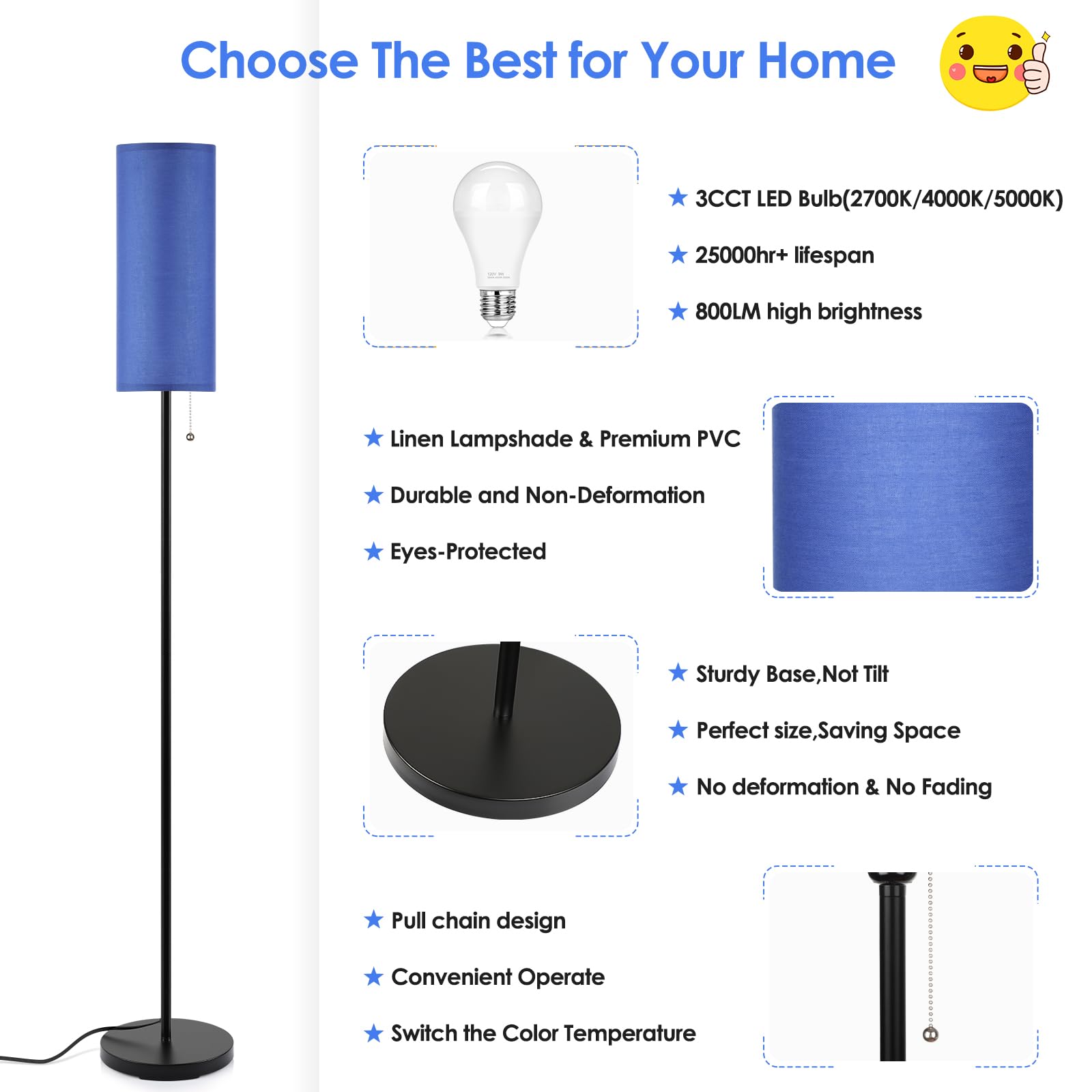 Coucrek Floor Lamp - Modern Standing Pole Lamp, Metal, 3 Color Temperatures, Blue, Model F036-B, Ideal for Living Room, Bedroom, Office