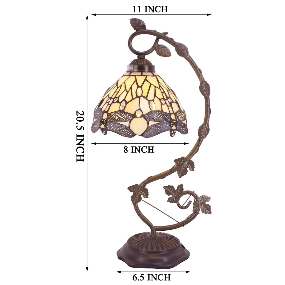 WERFACTORY Tiffany Lamp, Amber Stained Glass, Metal Leaf Base, 8X10X21 Inches, S139 Series