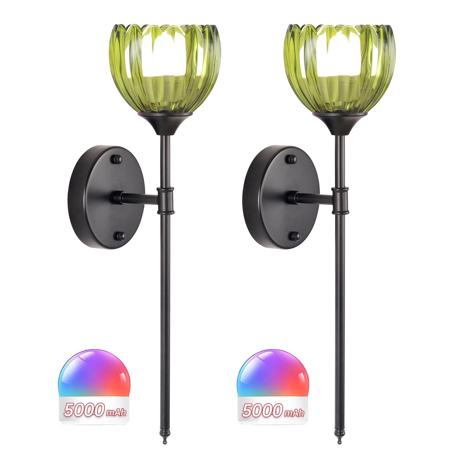 Shenmoyl Battery Operated Wall Sconce Set of 2, Green Tulip Vintage Light Fixture, Rechargeable, Glass, Black