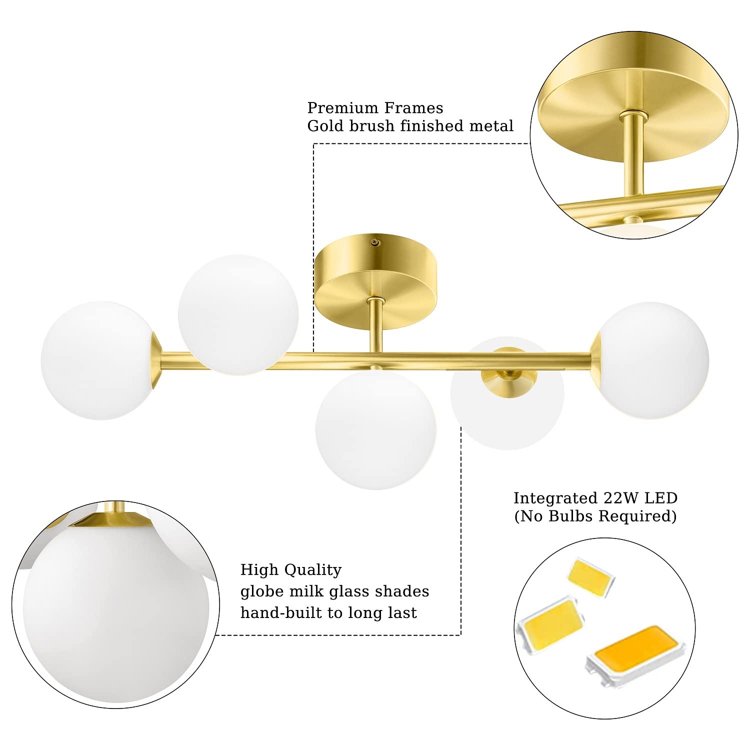 artmoonlight 5-Light Bathroom Vanity Lights, Dimmable LED, Gold Brushed Metal, Milk Glass, Semi-Flush Mount, Model 810054703136