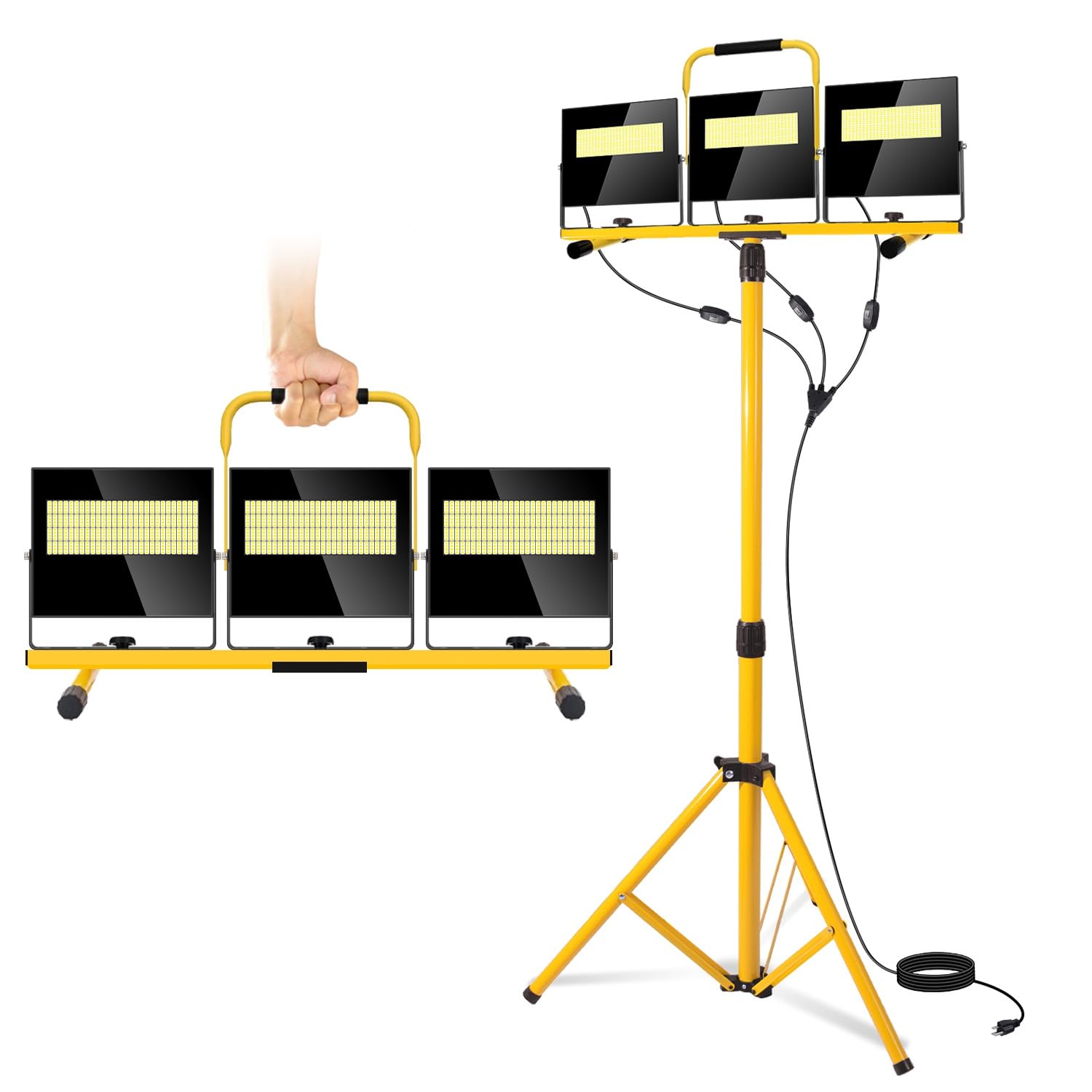 RIUVAO 54000 Lumen LED Work Lights with Stand, IP67 Waterproof, 3 Adjustable Heads, 16FT Cord, Yellow, Model TWD300