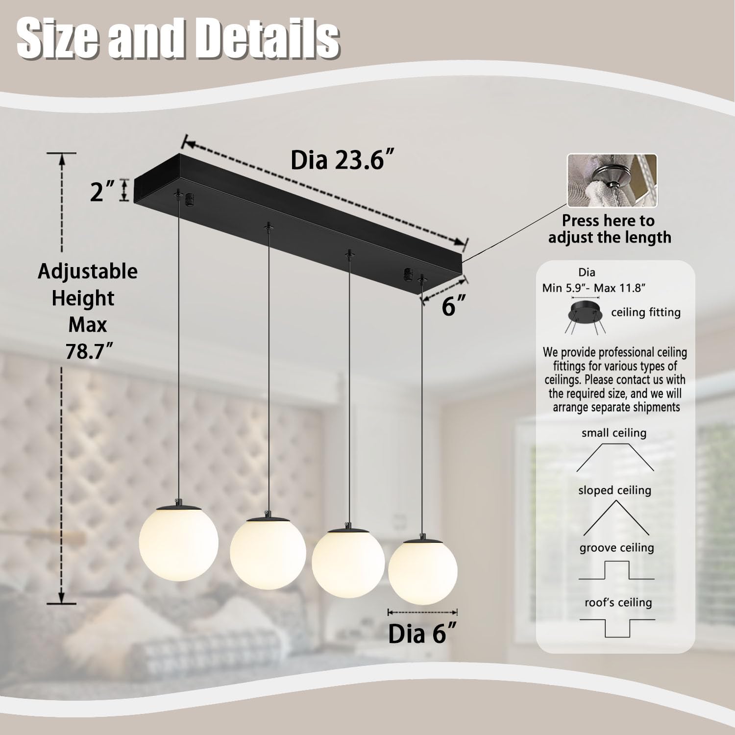 Ykolupty Dining Room Light Fixture 4-Light Black Kitchen Island Lighting Globe Glass Chandeliers For Dining Room Over Table Pend