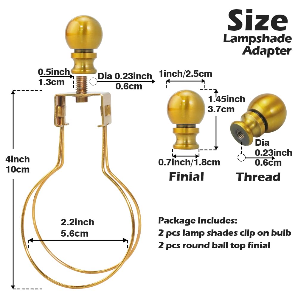 Asjeumt 2 Pieces Lamp Shade Light Bulb Clip Adapter Kit, Antique Gold Lampshade Holder With Round Top Finial, No Harp Required,