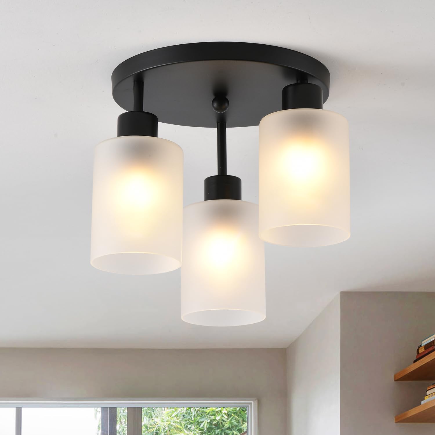 IHENGYANLT 3-Light Industrial Farmhouse Black Matte Light Fixtures Ceiling Mount, with Frosted Glass Shades Semi Flush Mount Cei
