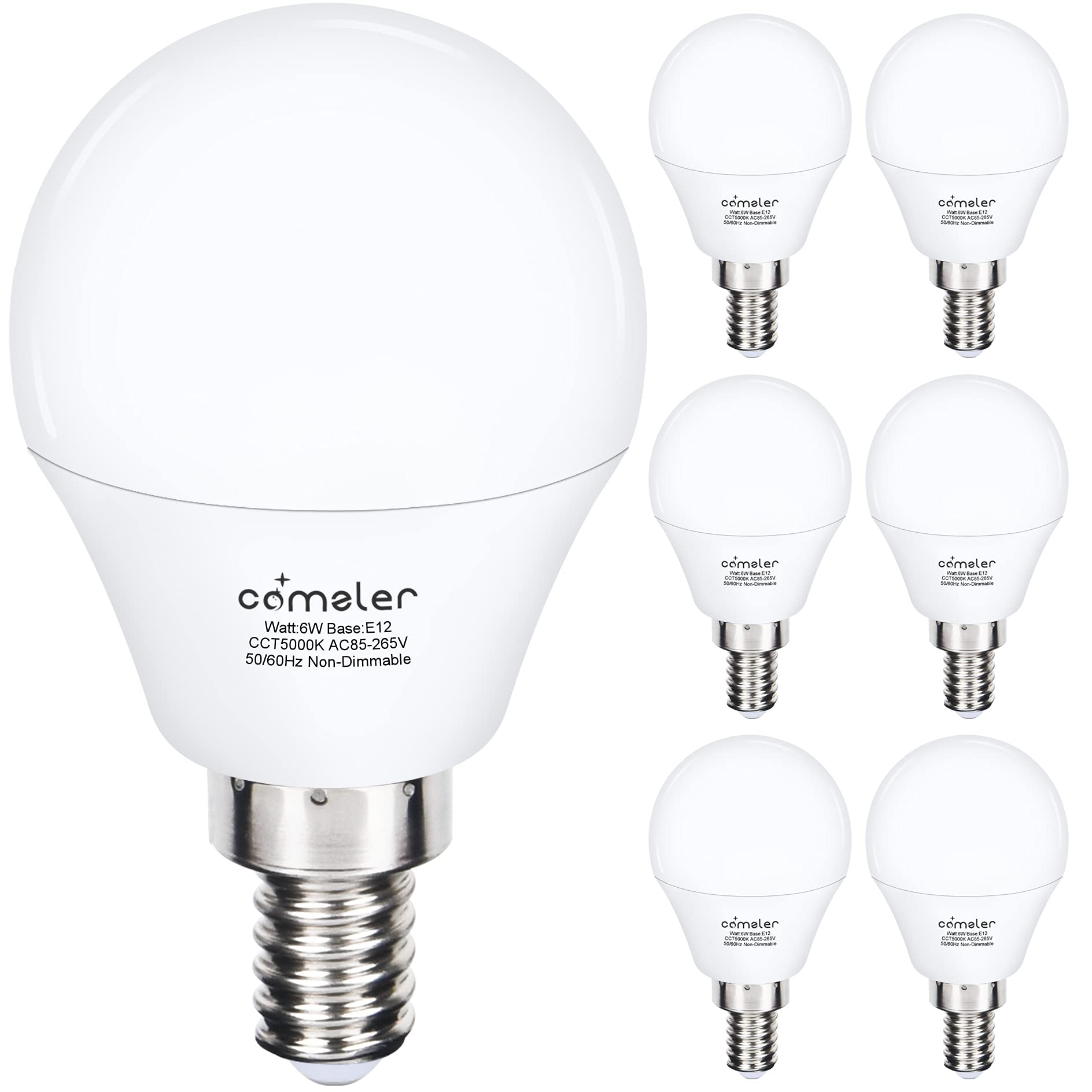 comzler Candelabra LED Bulbs - 60W Equivalent, 5000K Daylight White, E12 Base, 600lm, Non-Dimmable, Pack of 6