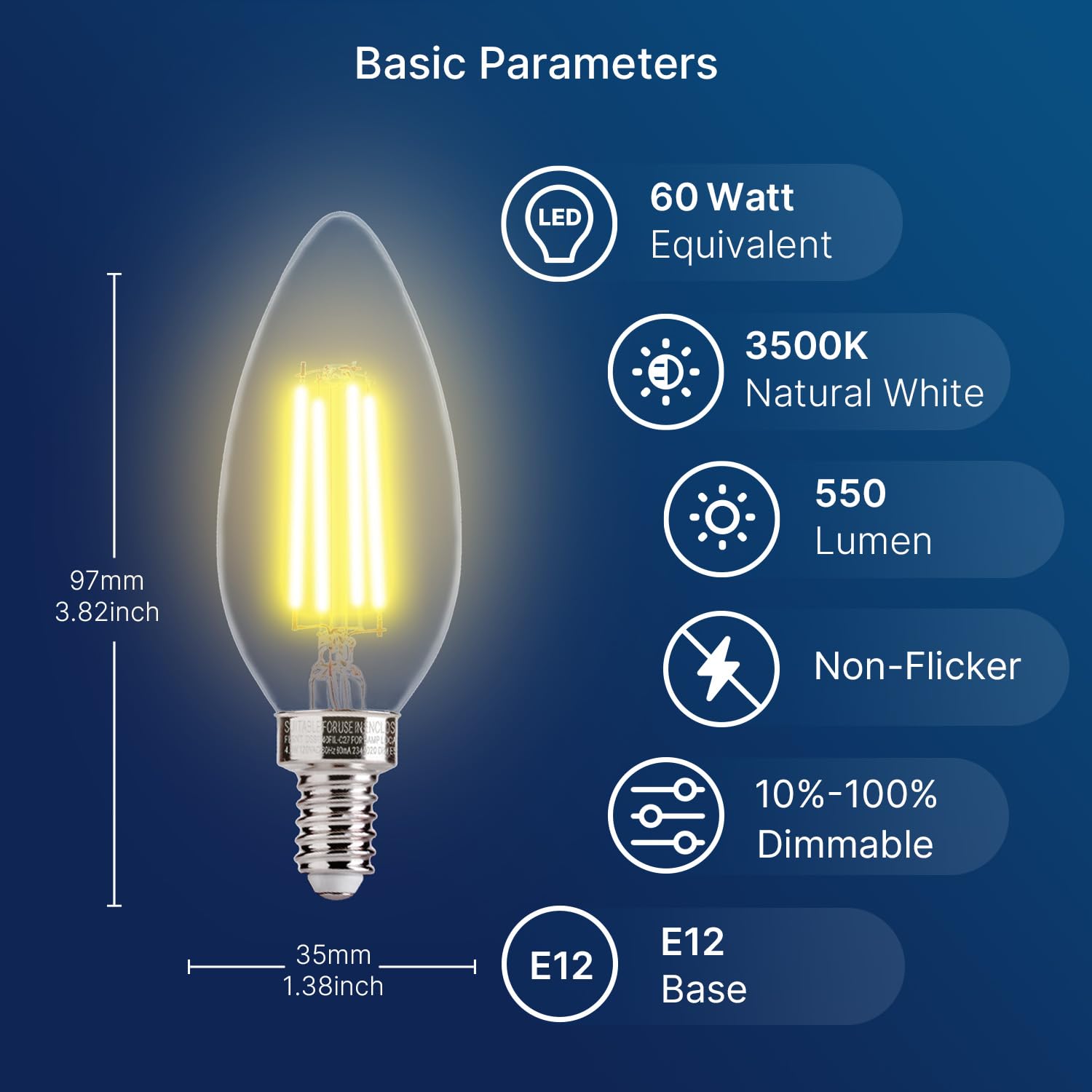 Flsnt 60W Equivalent Led Chandelier Light Bulbs, Dimmable Led B11 E12 Candelabra Base Bulbs, 3500K Natural White, 550Lm, 6 Pack