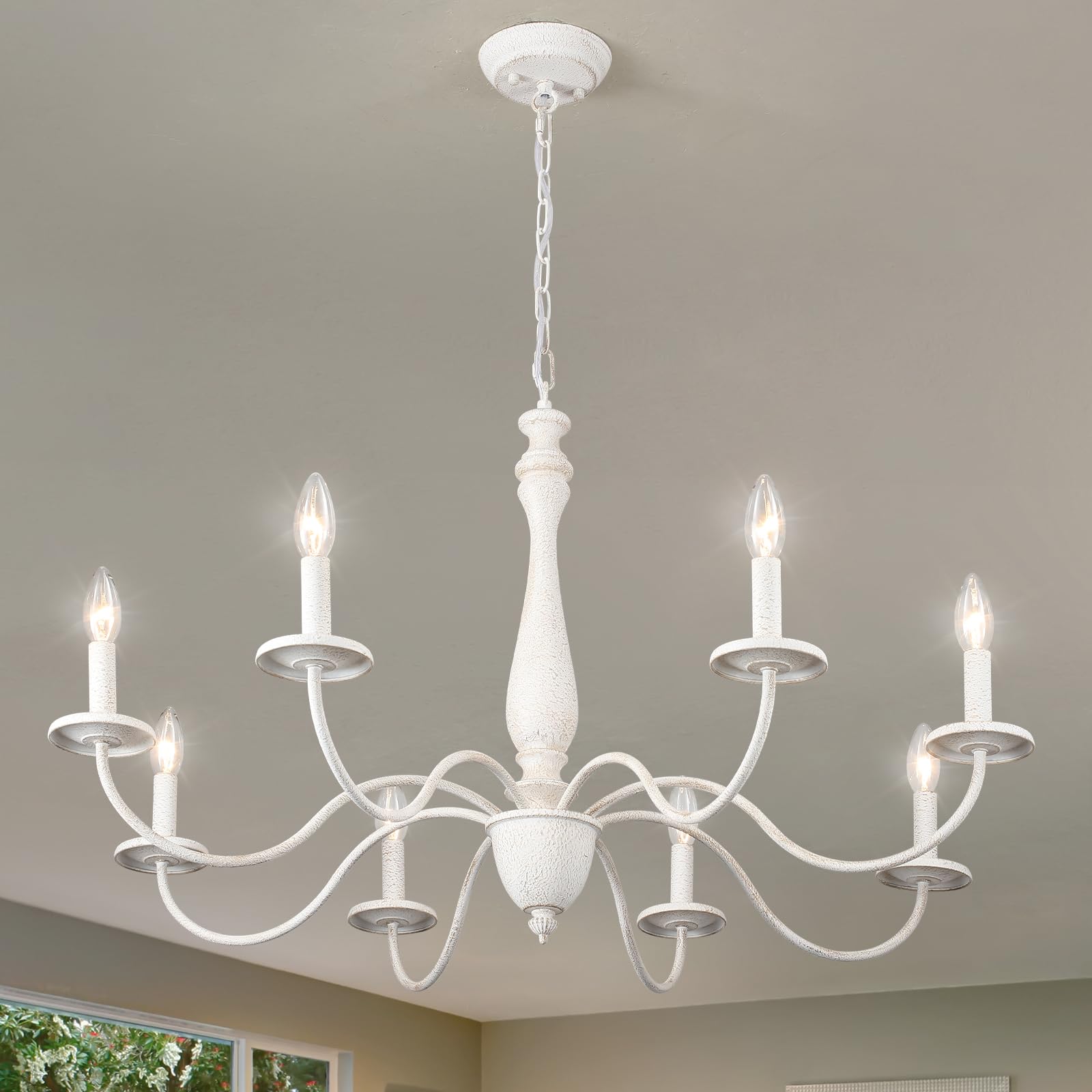 Mrhyswd White Farmhouse Chandelier 8 Lights 37.4" Large Distressed Wood French Country Chandelier For Dining Room Chandelier Candle Pendant Light Fixtures Ceiling For Kitchen Living Room Foyer Bedroom