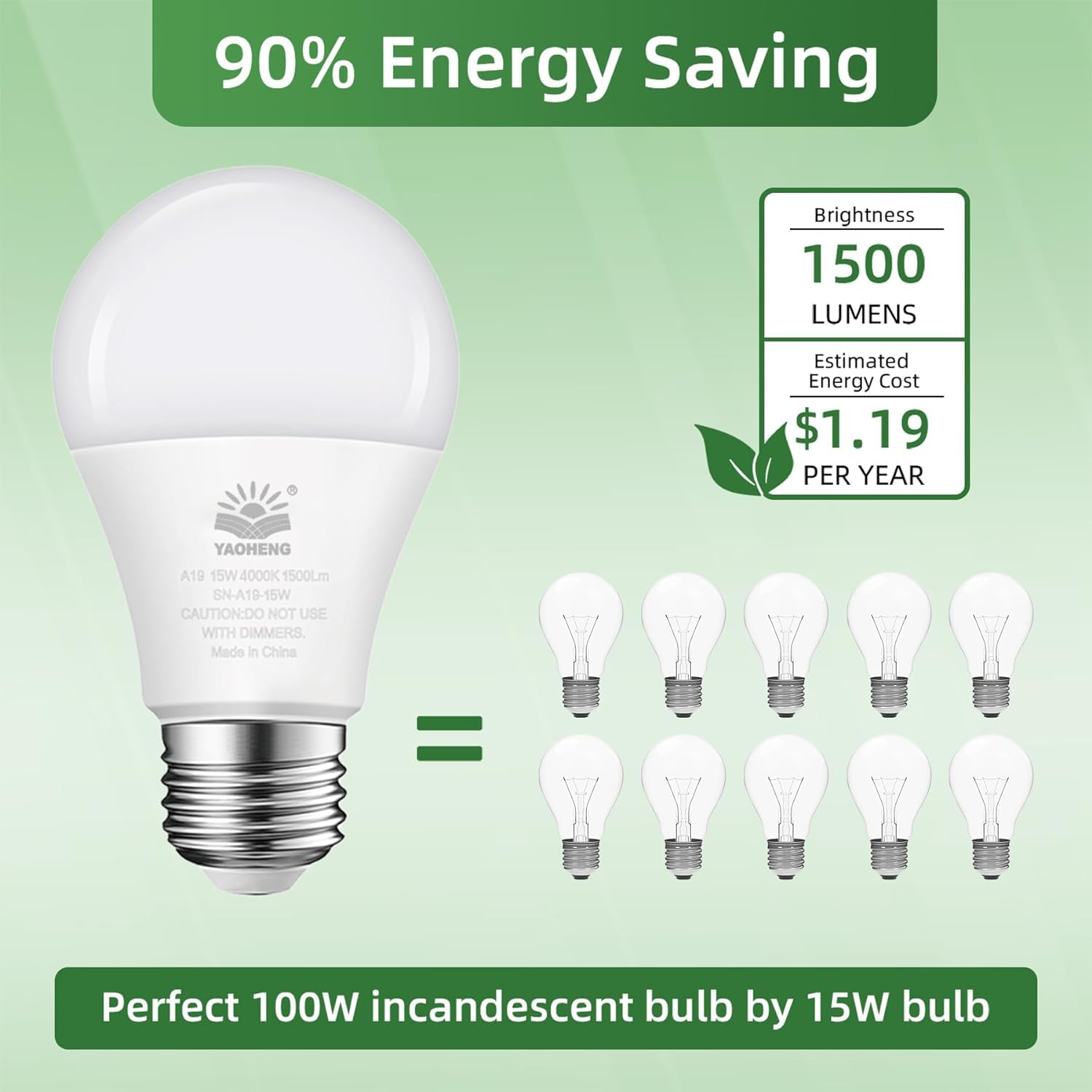 YAOHENG A19 LED Light Bulb, 100W Equivalent, 4000K Neutral White, 1500 Lumens, 15W, E26 Base, Non-Dimmable,