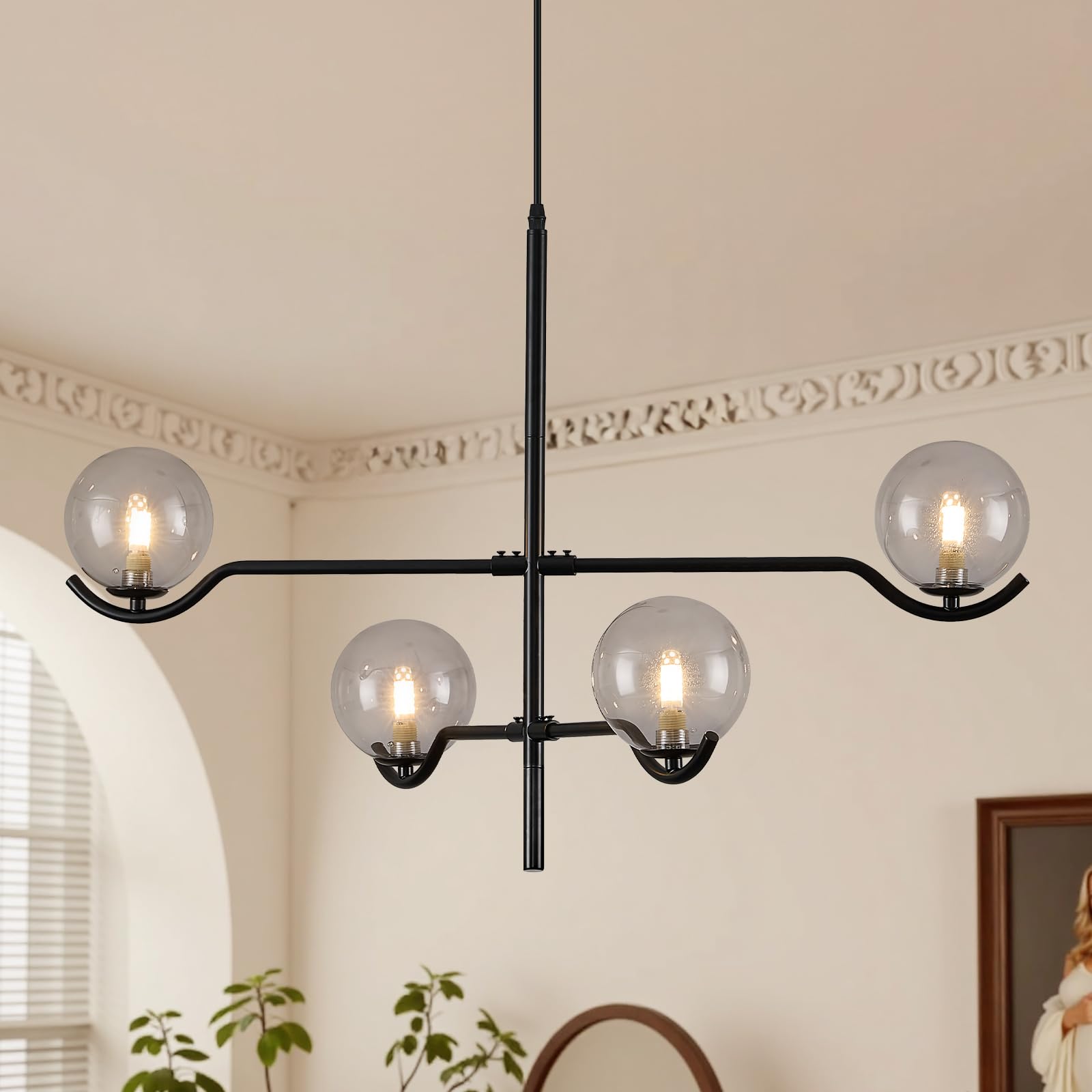 Catiner Modern Black Sputnik Chandelier, Large 4 Lights L31 '' Mid Century Long Ceiling Pendant Light With Smoke Gray Glass Glob